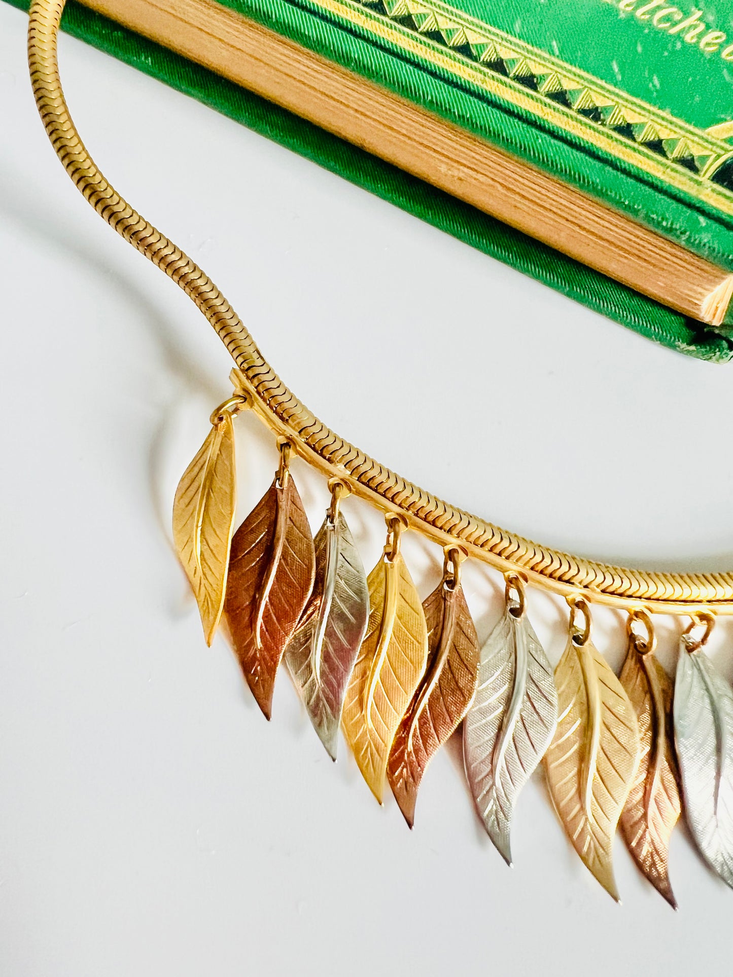 Vintage 1970s Mixed Metal Dangling Leaves Choker Necklace