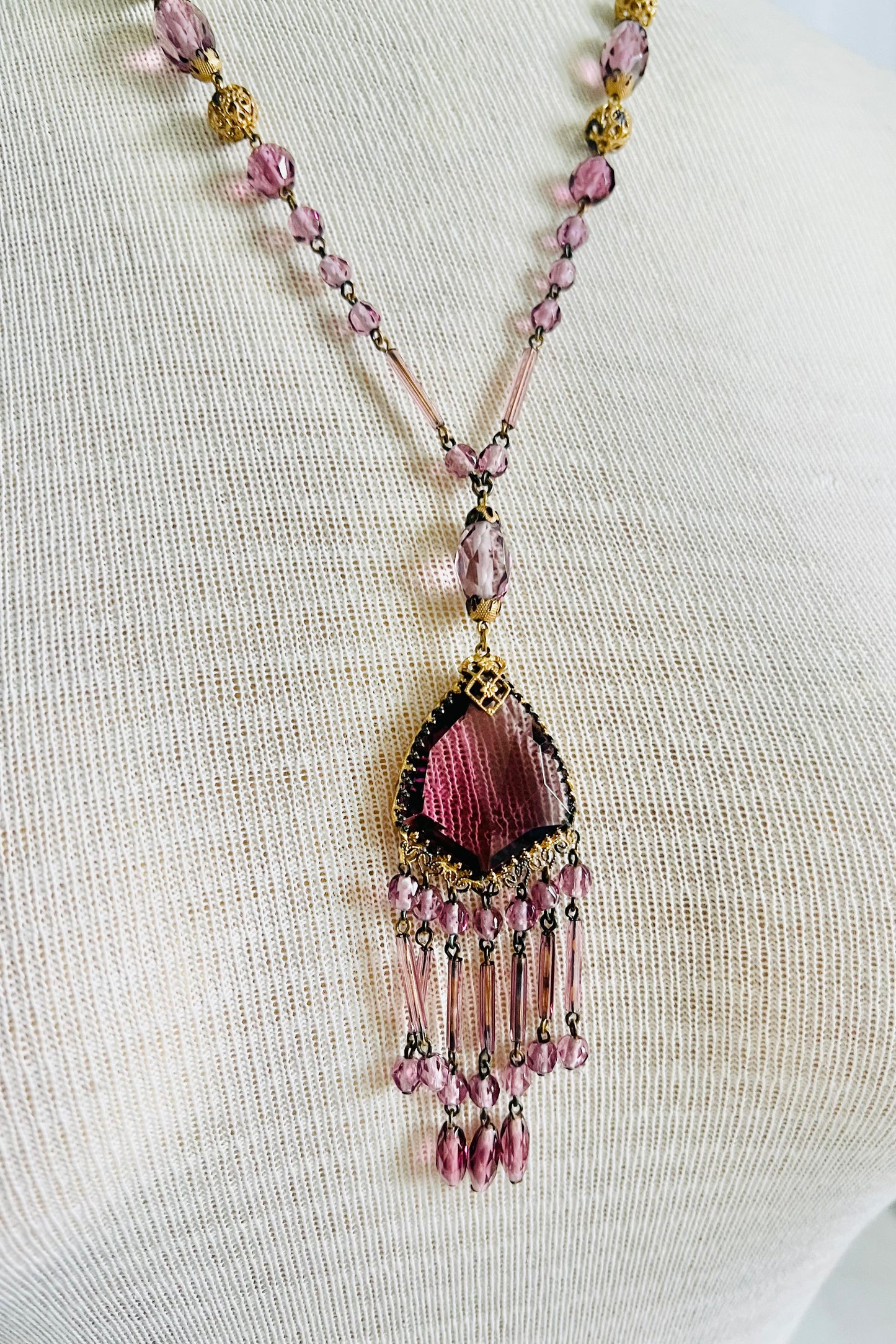 Art Deco Purple Czech Glass Long Beaded Necklace