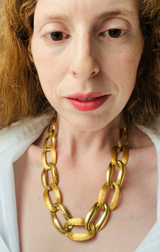 Vintage Napier Large Oval Shiny and Brushed Gold Chain Link Necklace