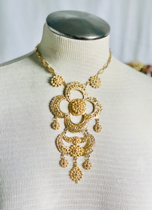 Vintage 1970s Textured Gold Etruscan Revival Statement Necklace