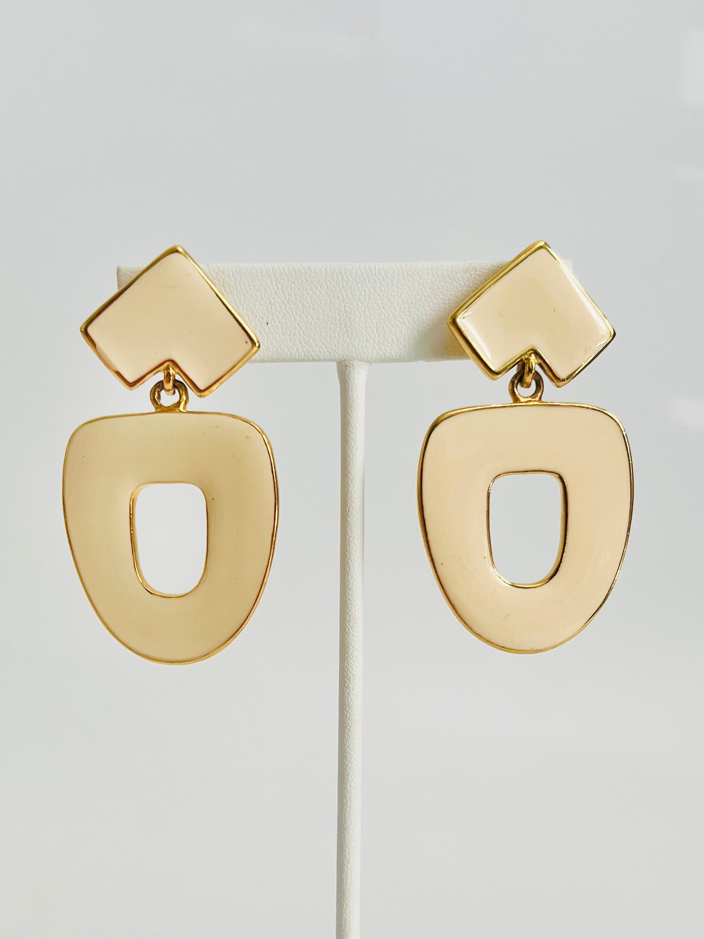 Vintage 1990s Large Cream Enamel Geometric Pierced Earrings