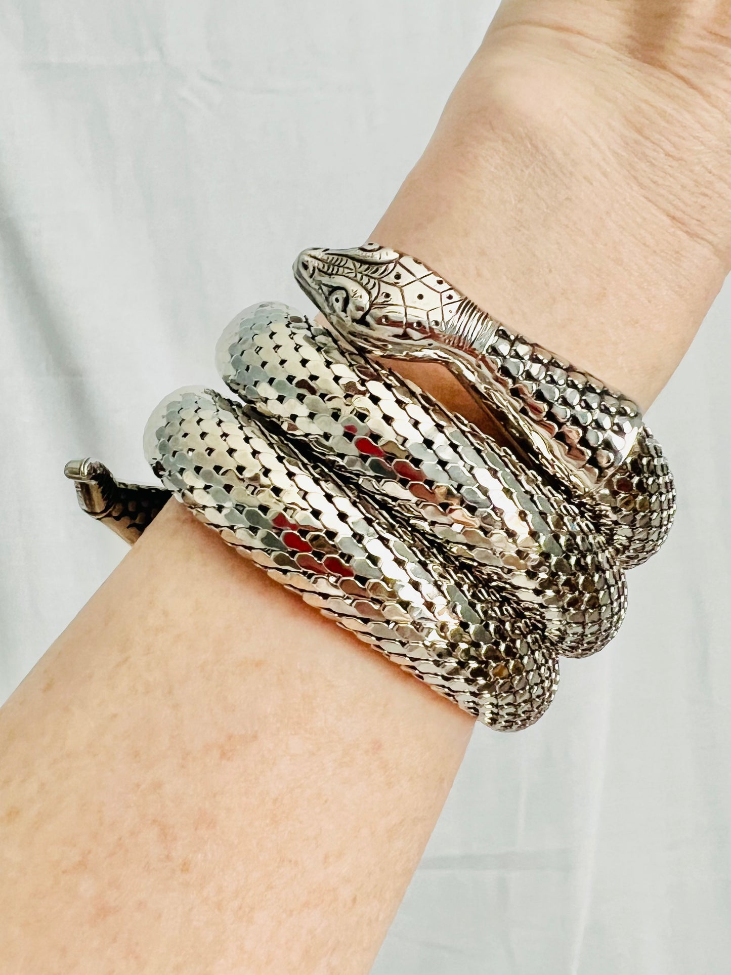 Vintage 1970s Signed Whiting and Davis Silver Mesh Triple Coil Snake Bracelet