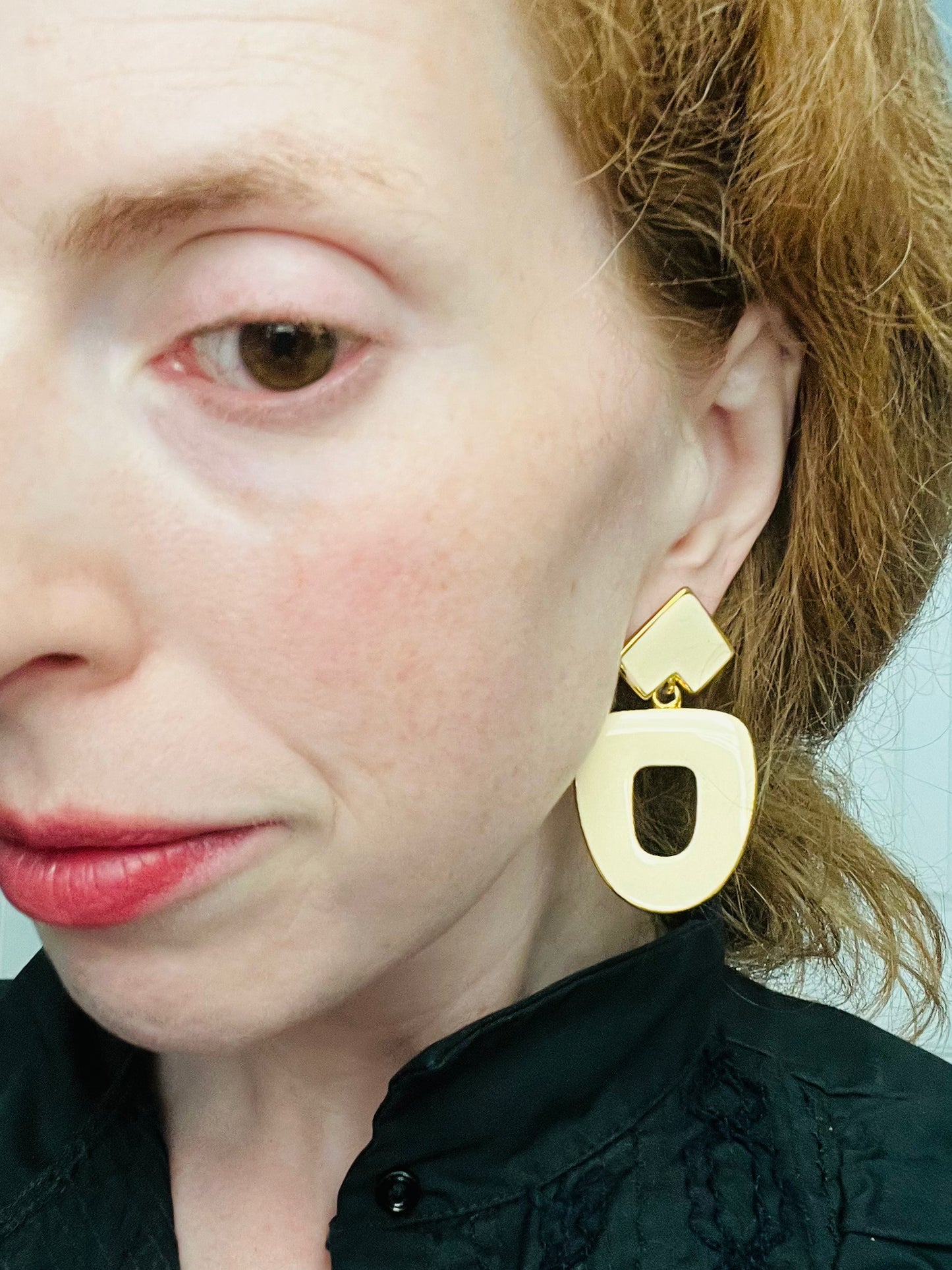 Vintage 1990s Large Cream Enamel Geometric Pierced Earrings