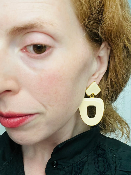 Vintage 1990s Large Cream Enamel Geometric Pierced Earrings