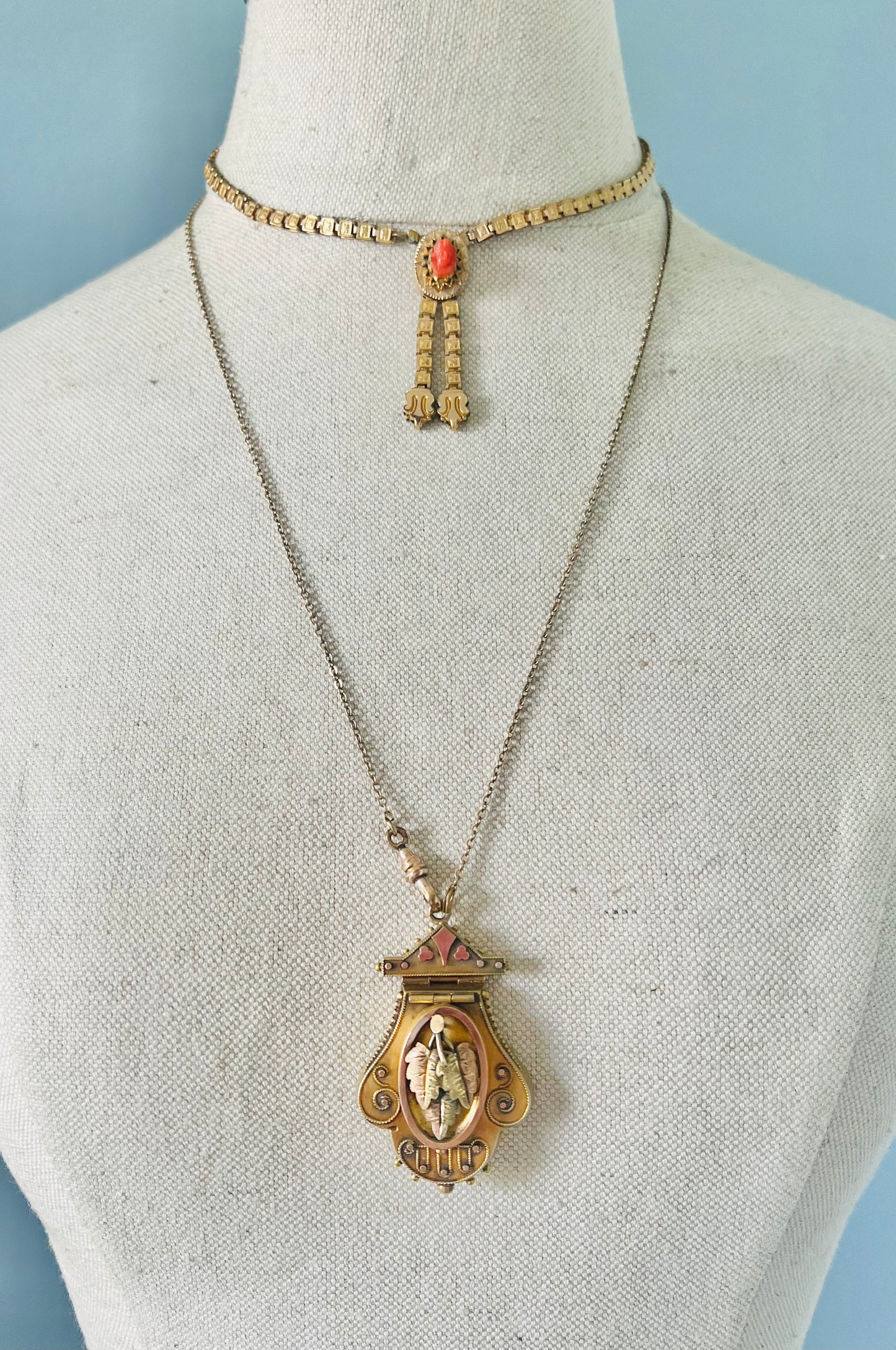 Antique Gold Filled Ornate Victorian Locket with Fob Chain