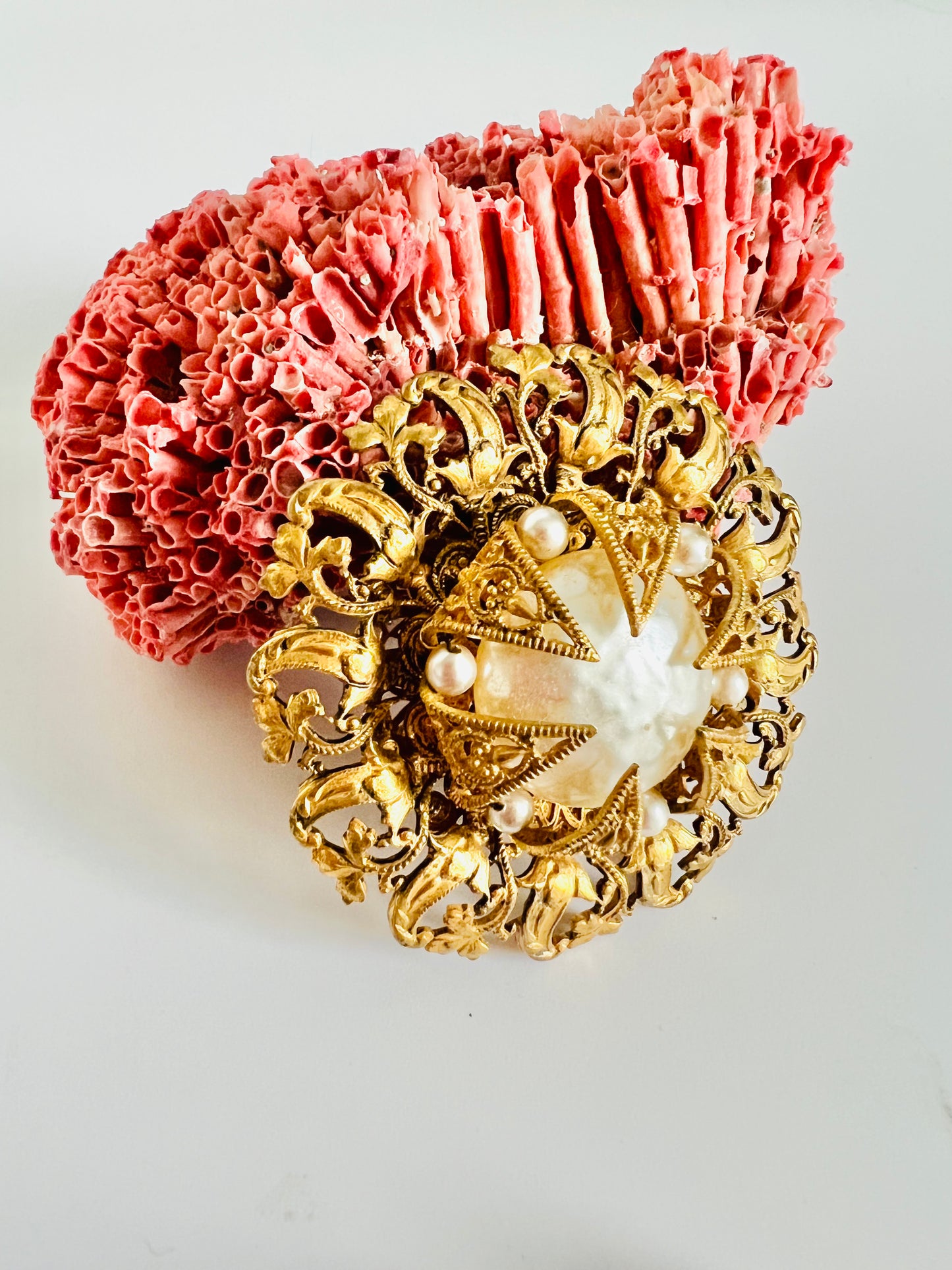 Signed Miriam Haskell Baroque Pearl Russian Gold Brooch Pin