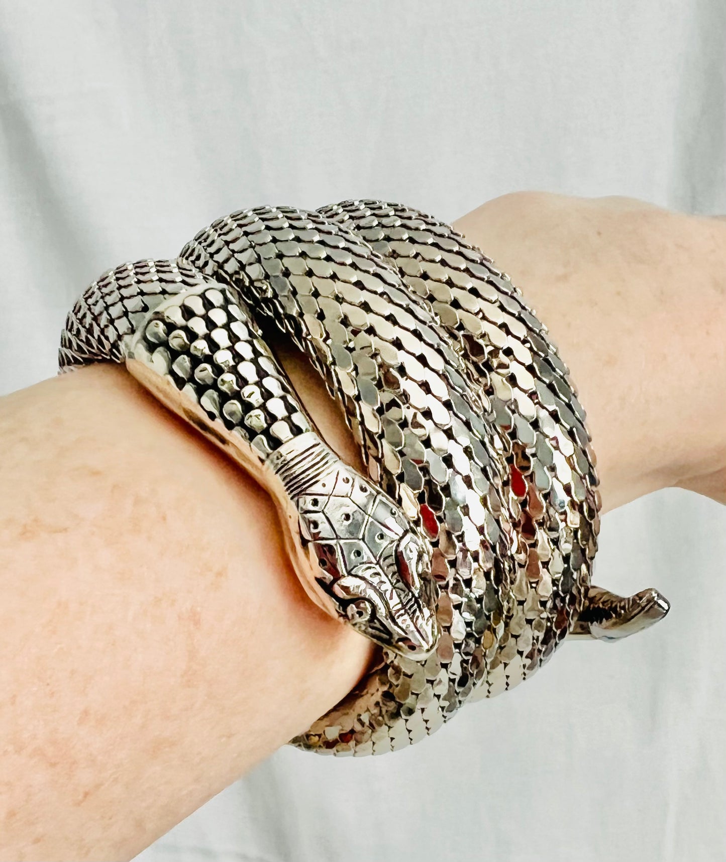 Vintage 1970s Signed Whiting and Davis Silver Mesh Triple Coil Snake Bracelet