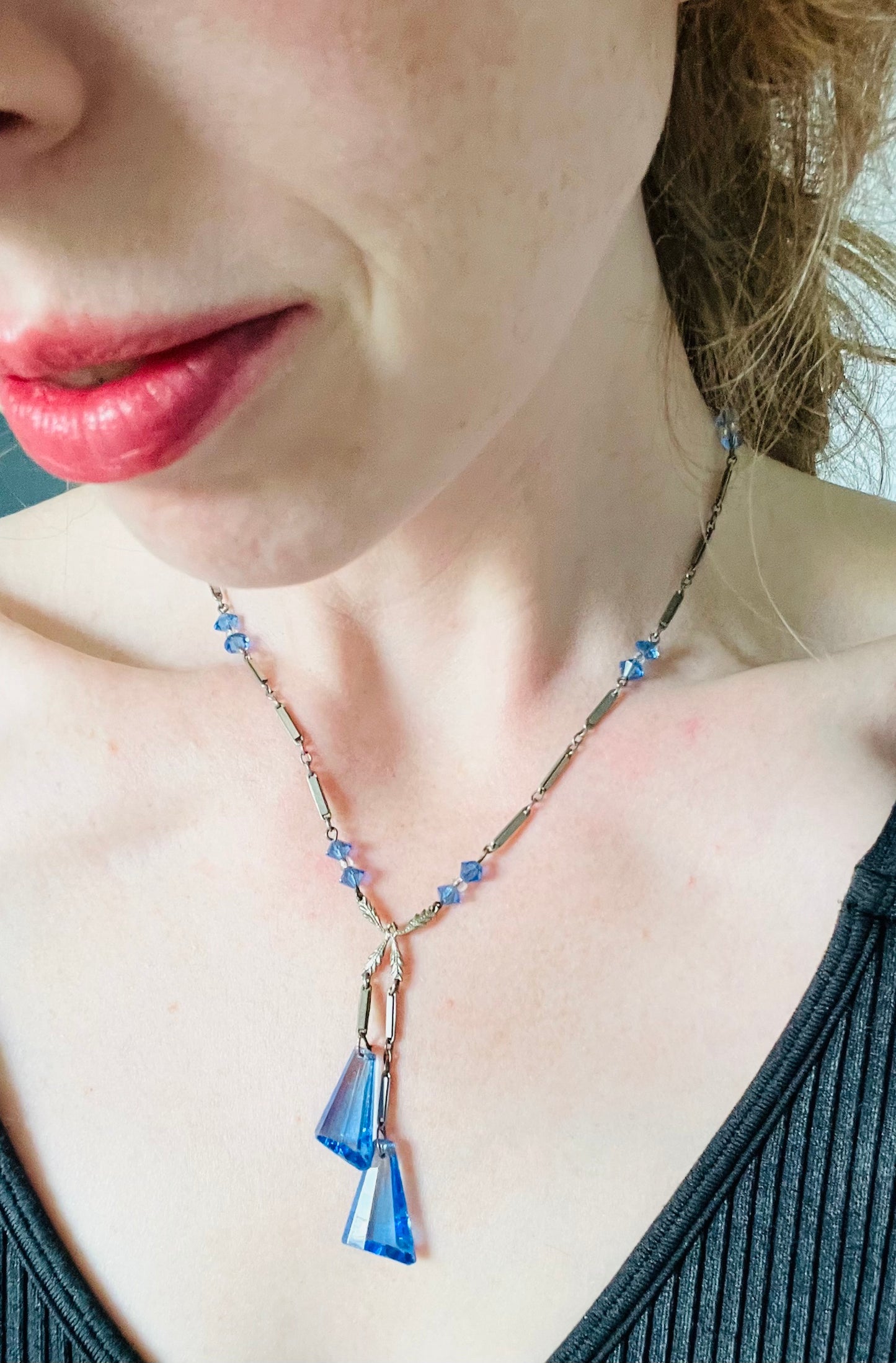 Art Deco 1930s Faceted Czech Glass Double Pendant Necklace