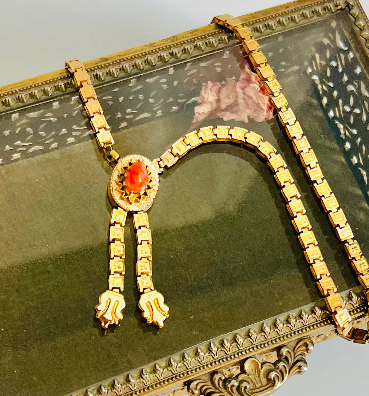 Antique Victorian Coral Cameo Book Chain Choker Necklace