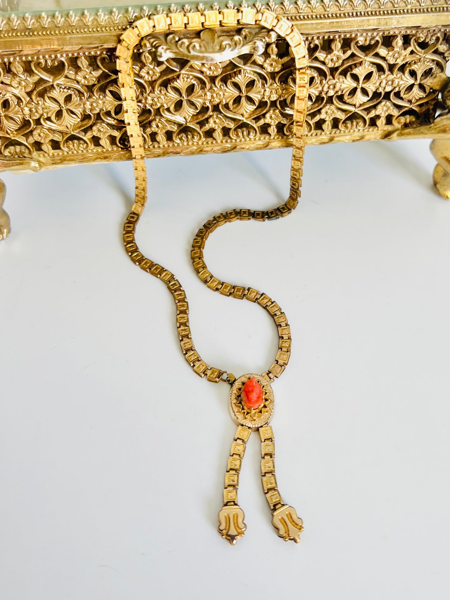 Antique Victorian Coral Cameo Book Chain Choker Necklace
