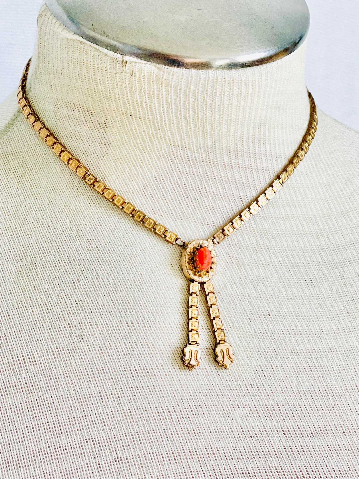 Antique Victorian Coral Cameo Book Chain Choker Necklace