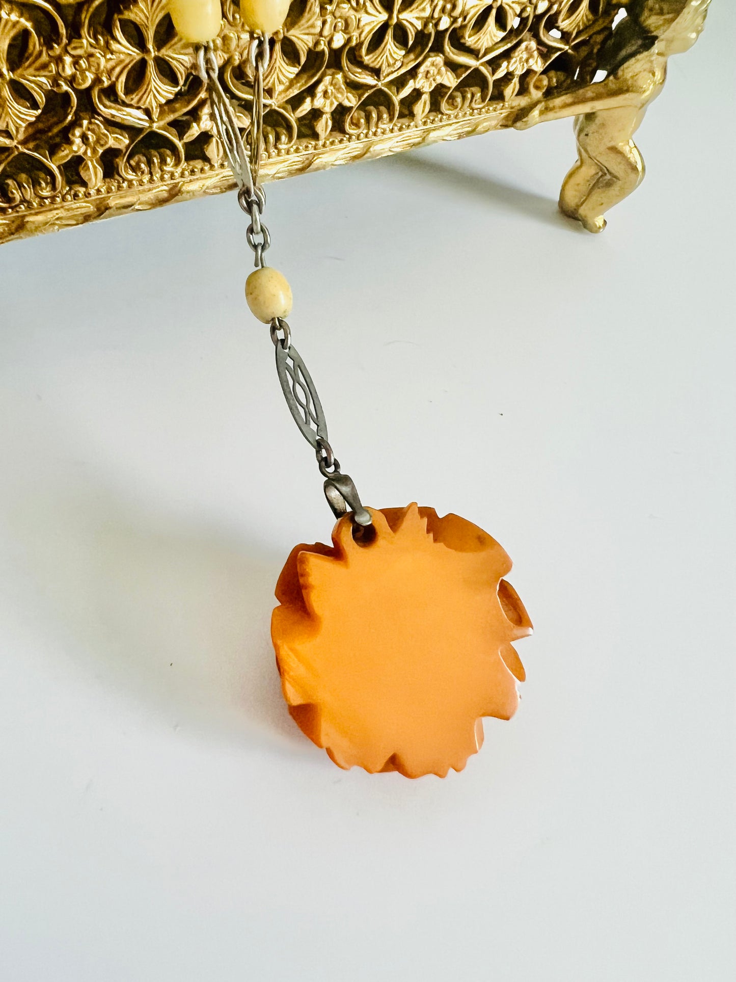Vintage 1930s Bakelite Carved Rose Silver Tone Art Deco Necklace