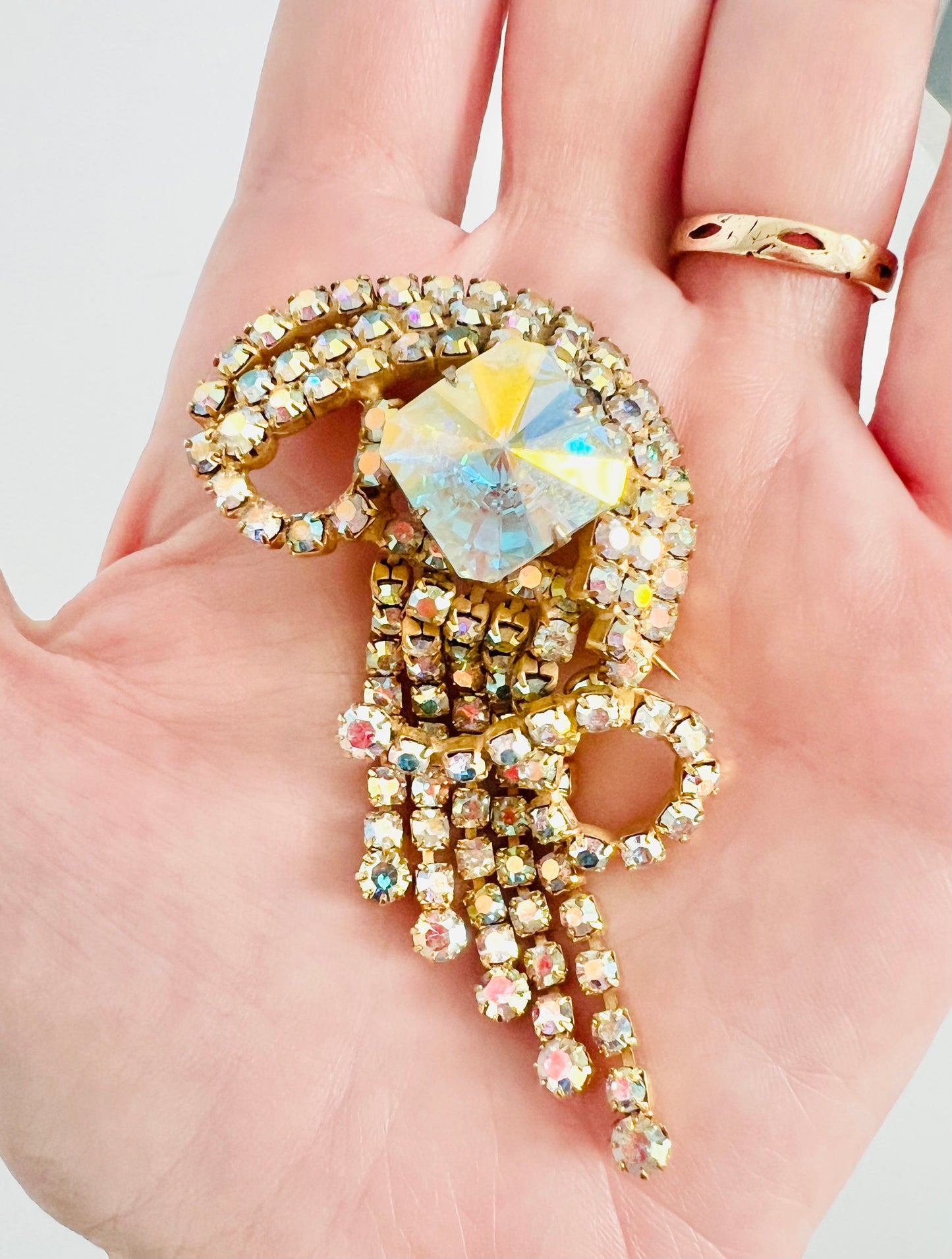 Vintage 1960s Aurora Borealis Rhinestone Tassel Brooch PIn