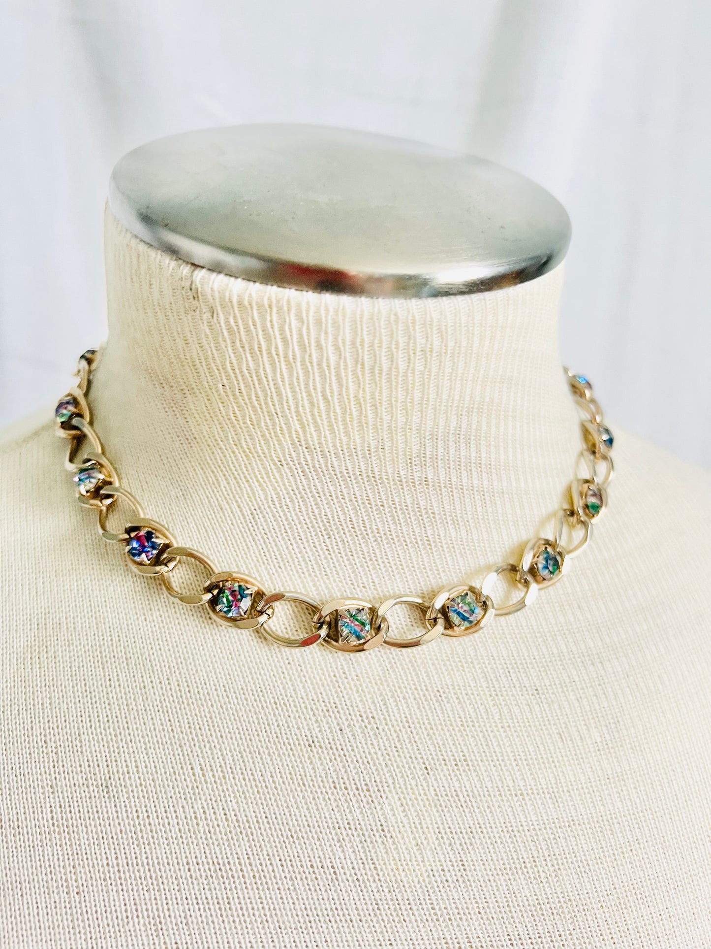Vintage 1960s Iris Glass Rhinestone and Chain Necklace