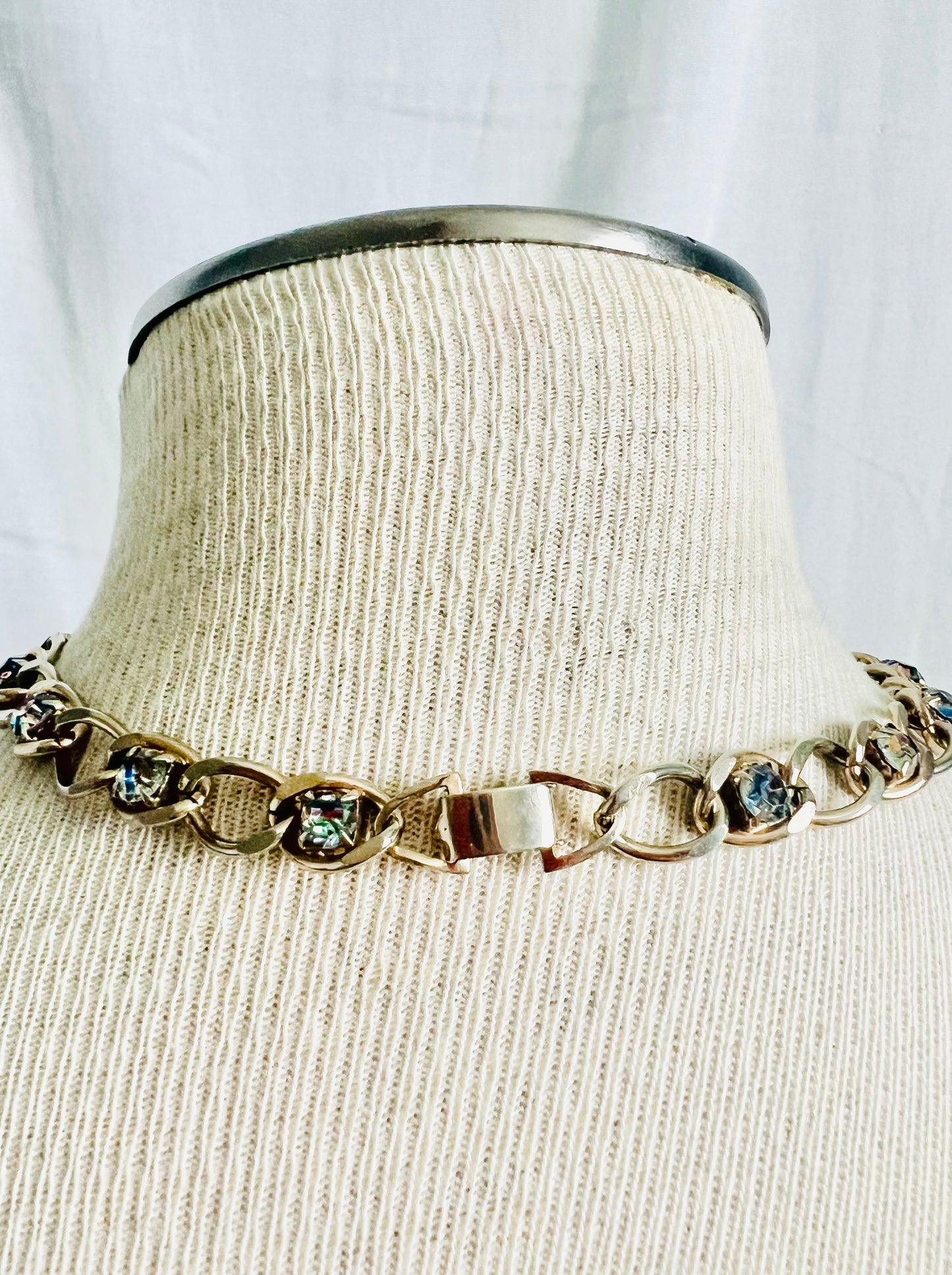 Vintage 1960s Iris Glass Rhinestone and Chain Necklace