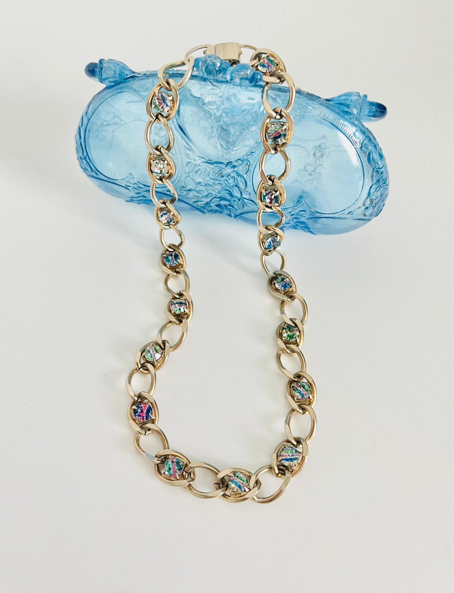 Vintage 1960s Iris Glass Rhinestone and Chain Necklace