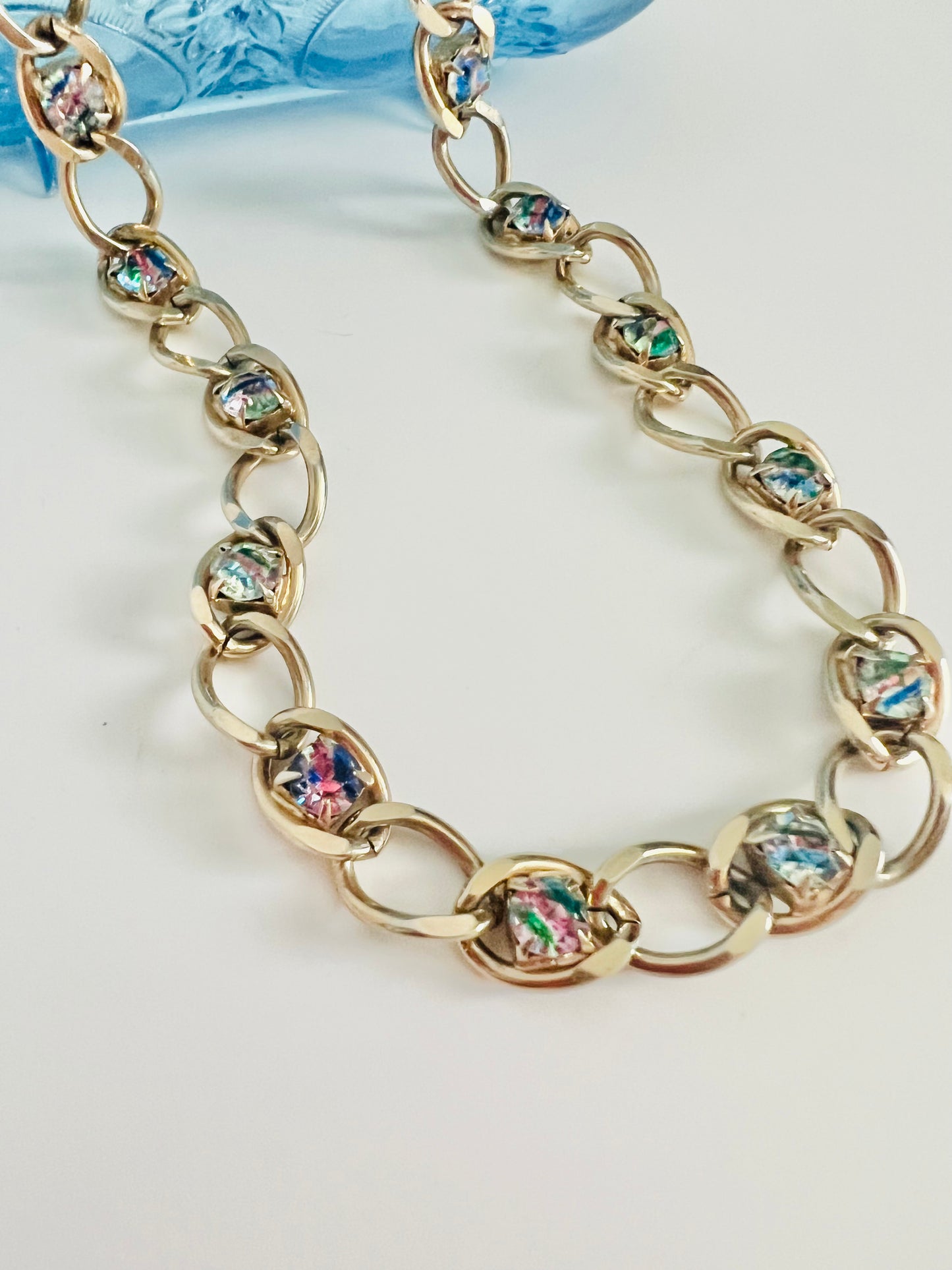 Vintage 1960s Iris Glass Rhinestone and Chain Necklace