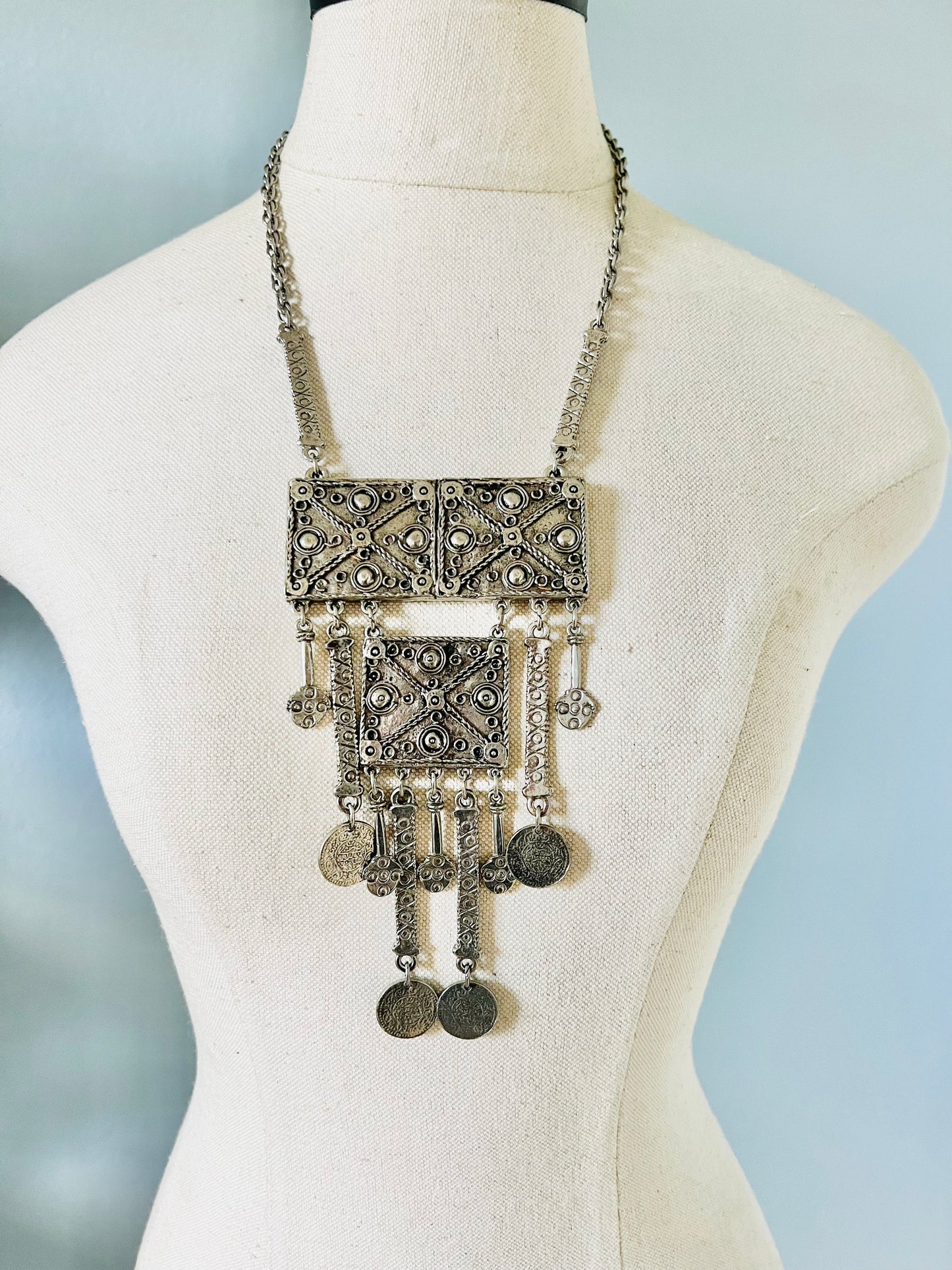 Vintage 1970s Etruscan Revival Silver Statement Necklace