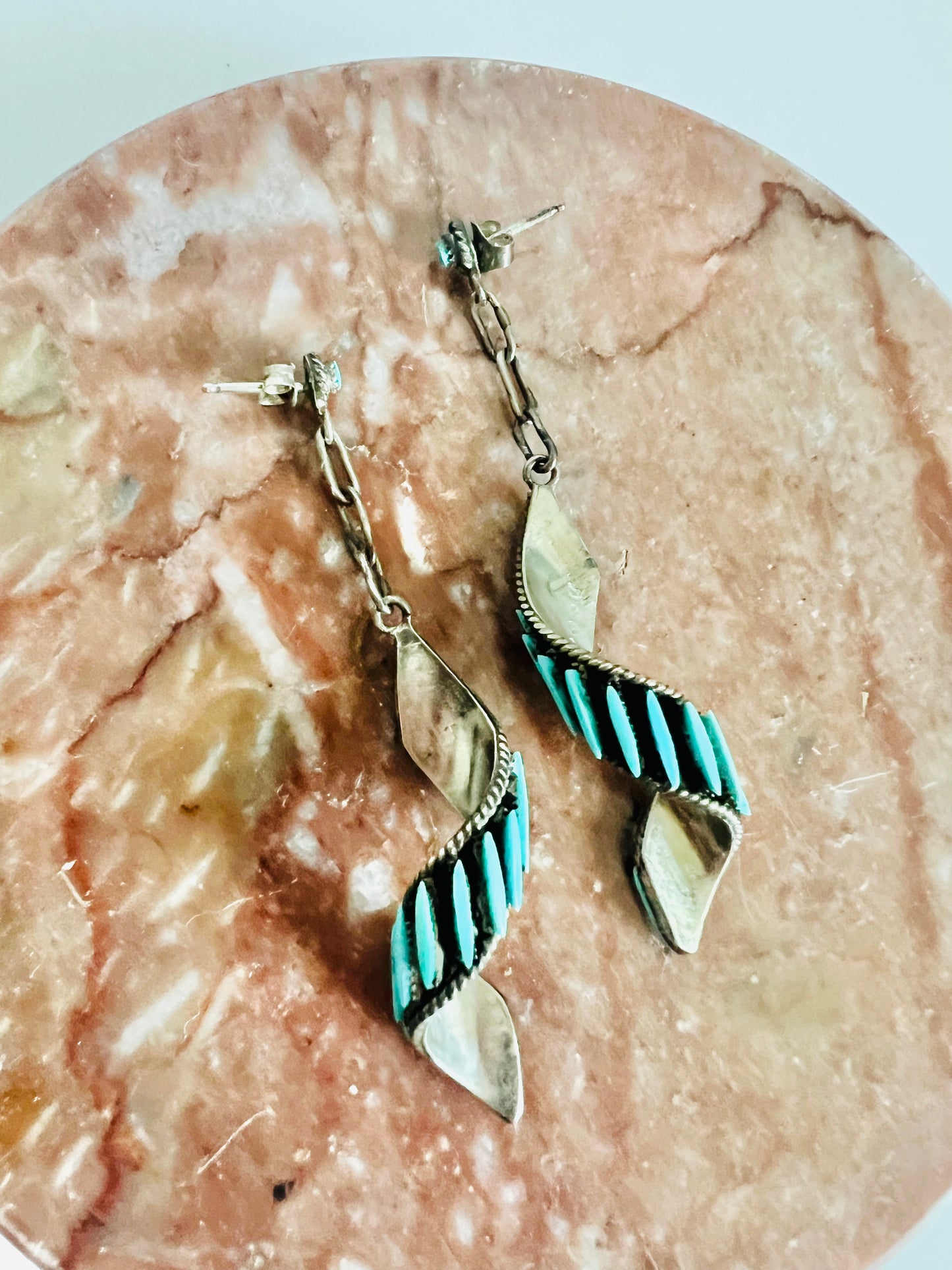 Vintage 1970s Petit Point Zuni Turquoise Sterling Silver Spiral Earrings