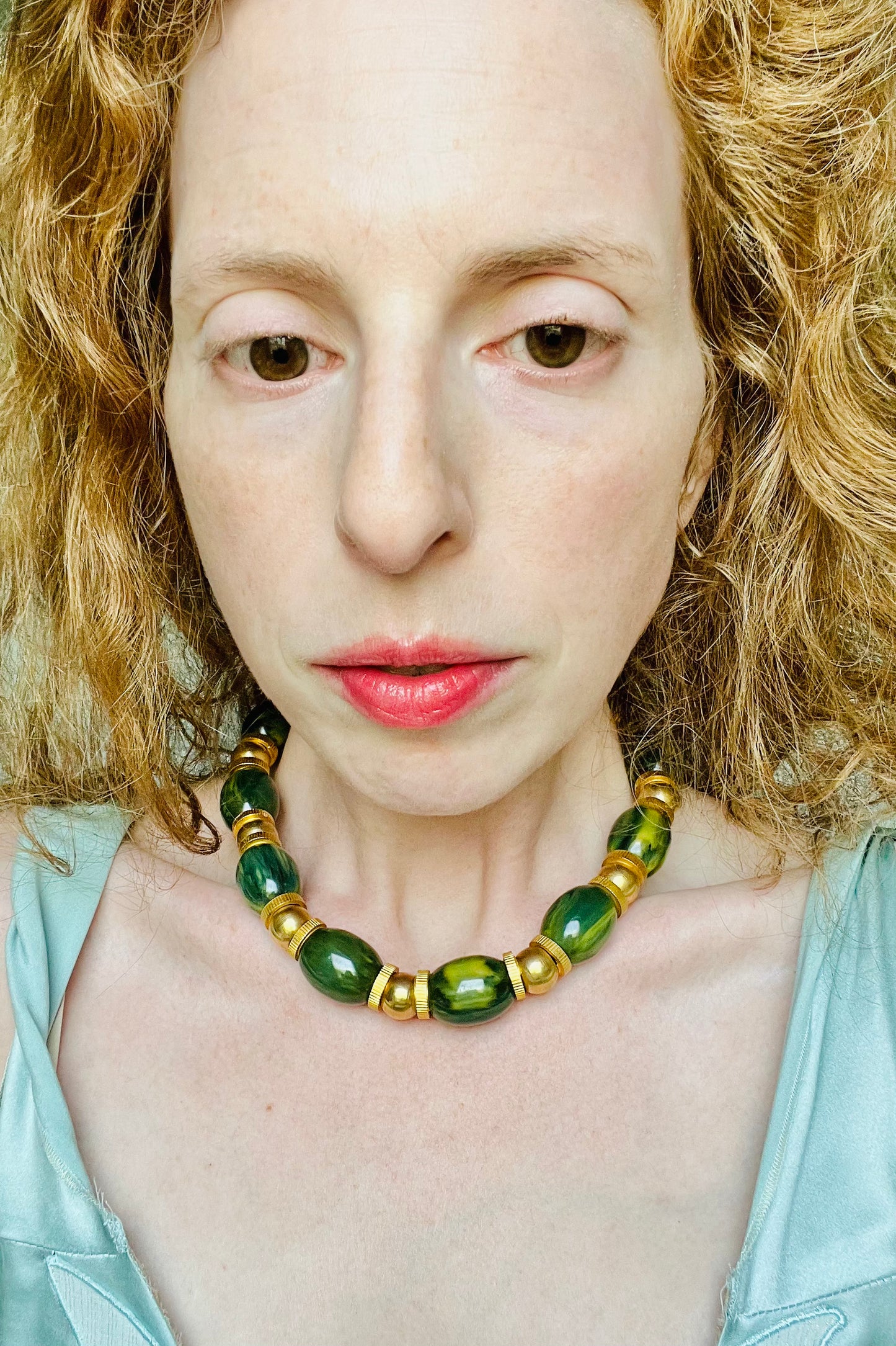 Vintage Green Bakelite Gold Bead Necklace