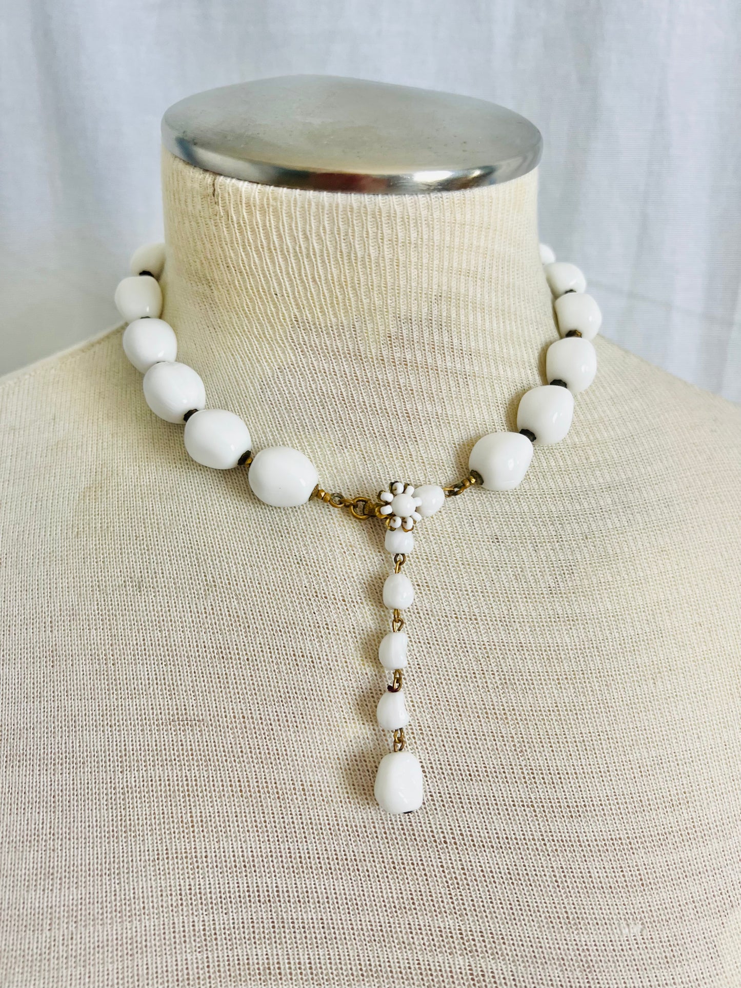 Signed Miriam Haskell 1940s Milk Glass Beaded Necklace
