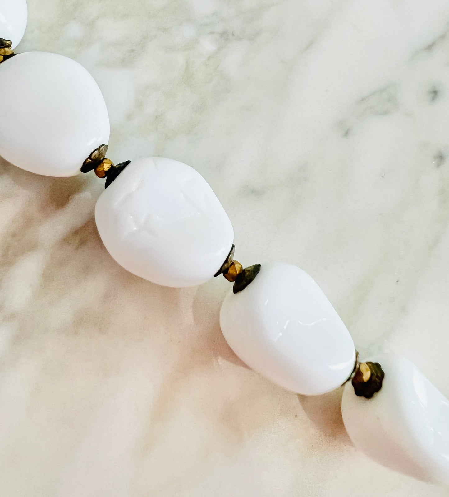 Signed Miriam Haskell 1940s Milk Glass Beaded Necklace