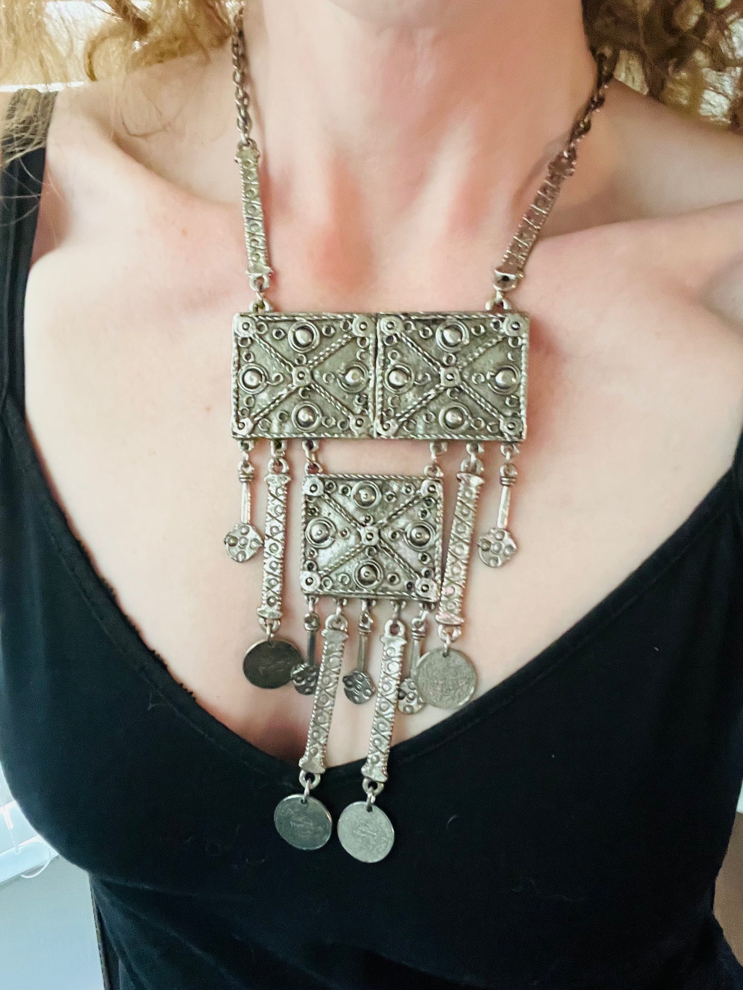Vintage 1970s Etruscan Revival Silver Statement Necklace