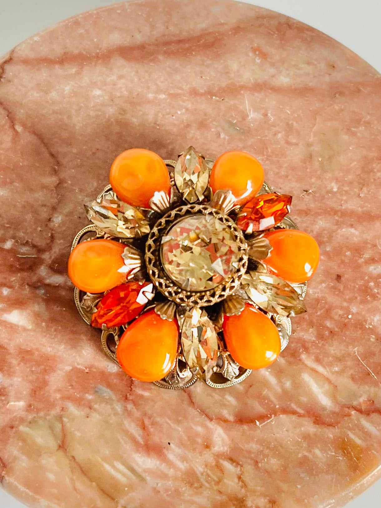Vintage Signed Regency Glass and Filigree Brooch Pin