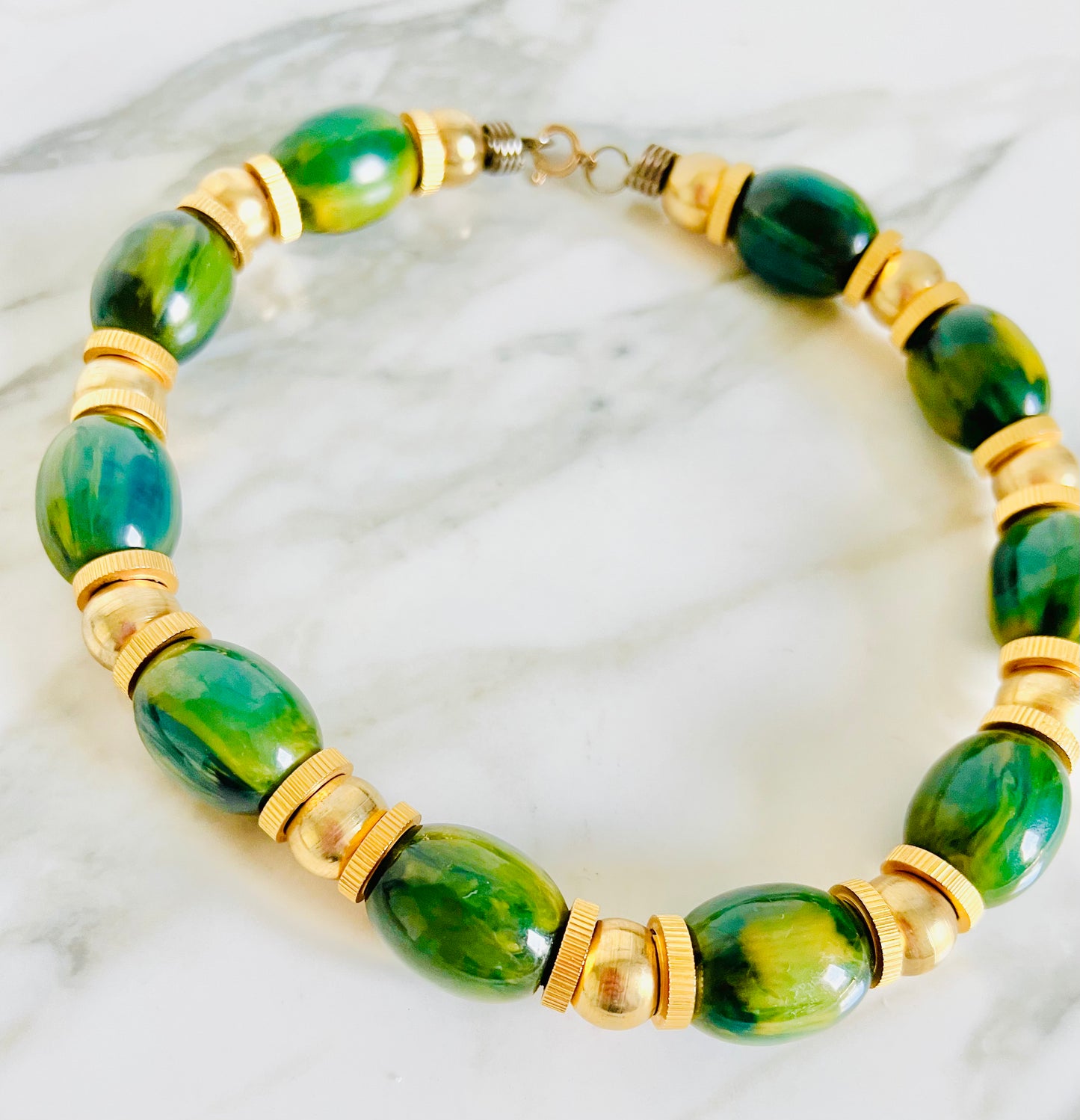 Vintage Green Bakelite Gold Bead Necklace