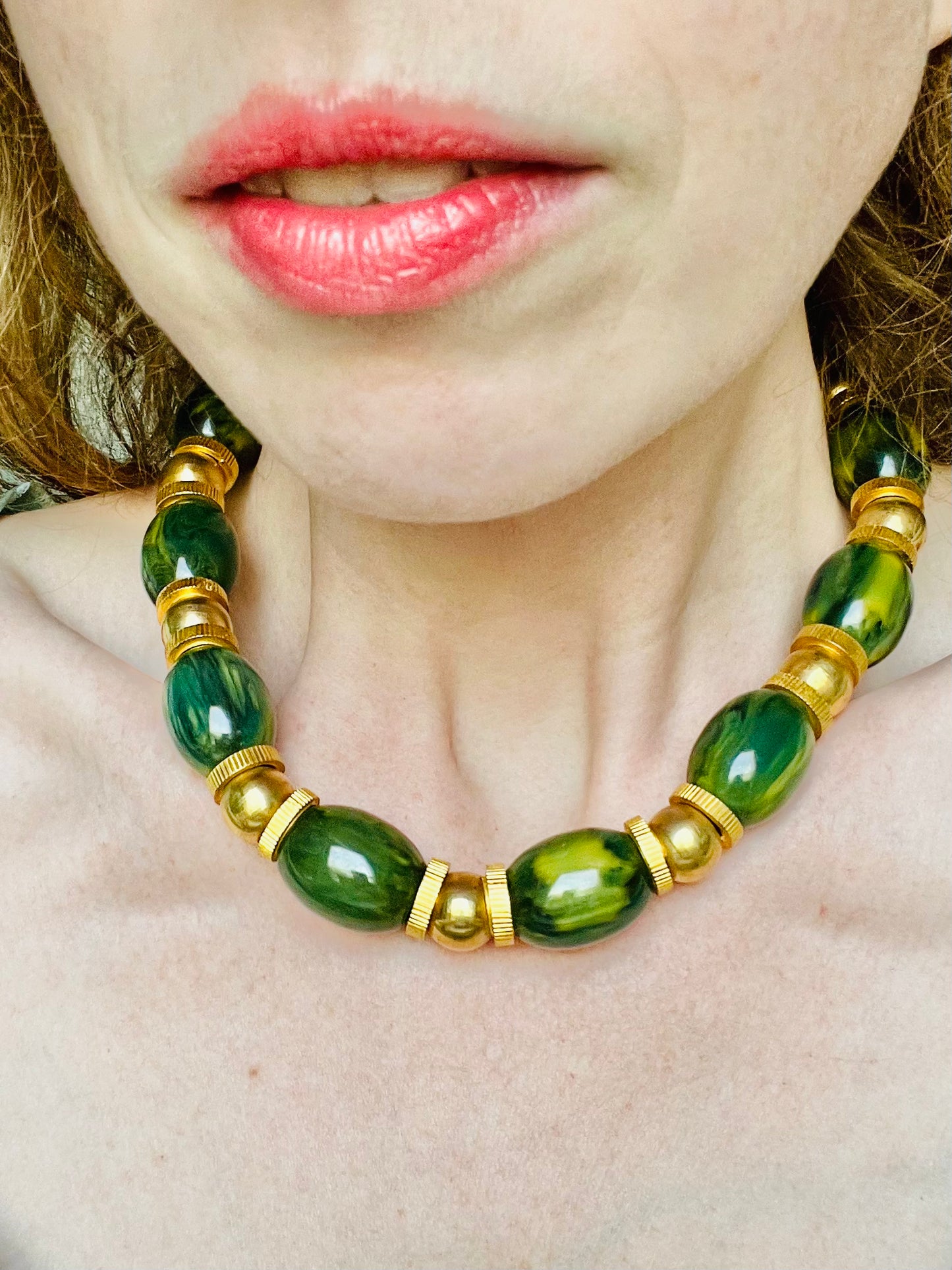 Vintage Green Bakelite Gold Bead Necklace