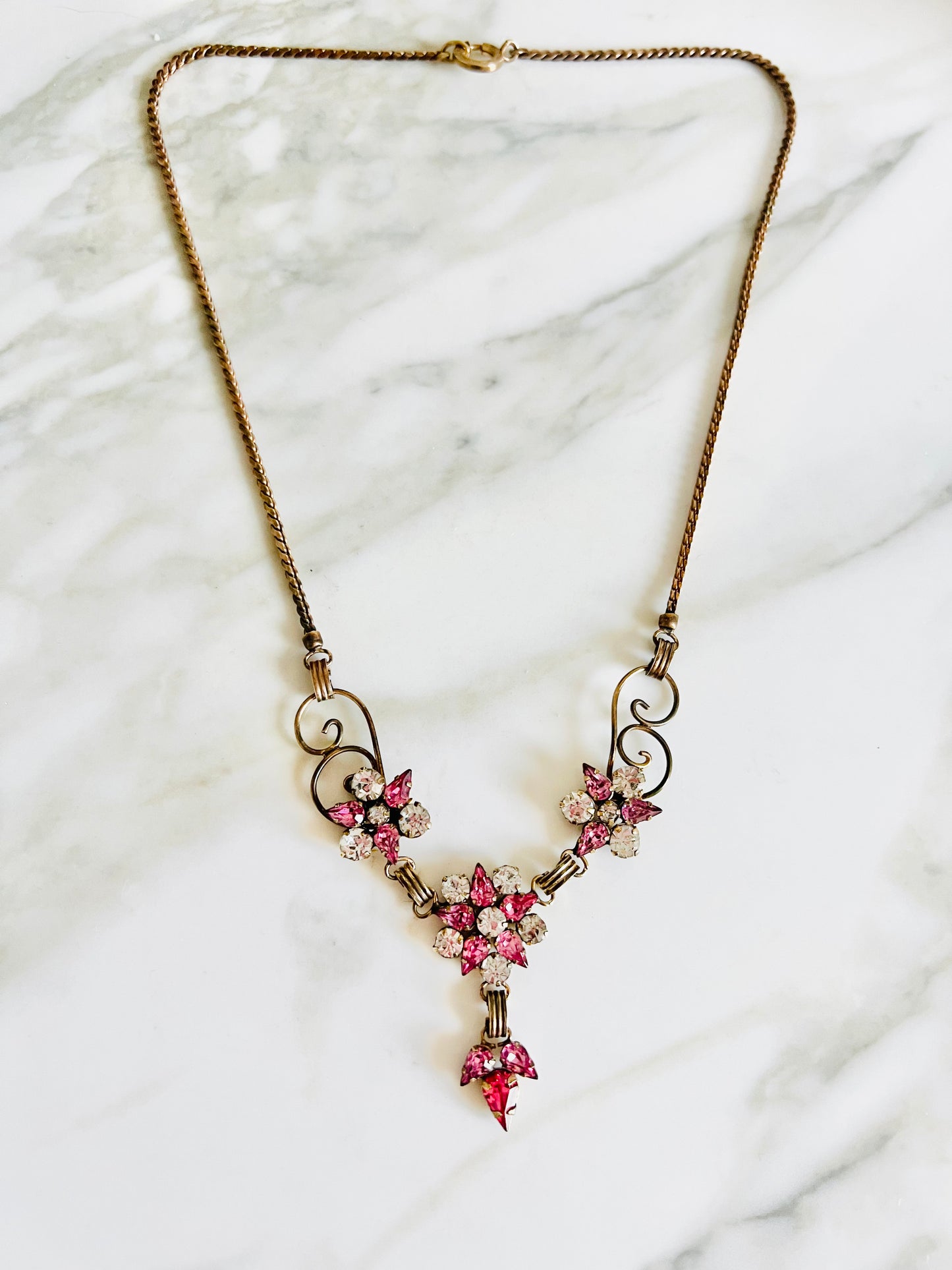 Vintage Star Art Pink Rhinestone Gold Filled Necklace