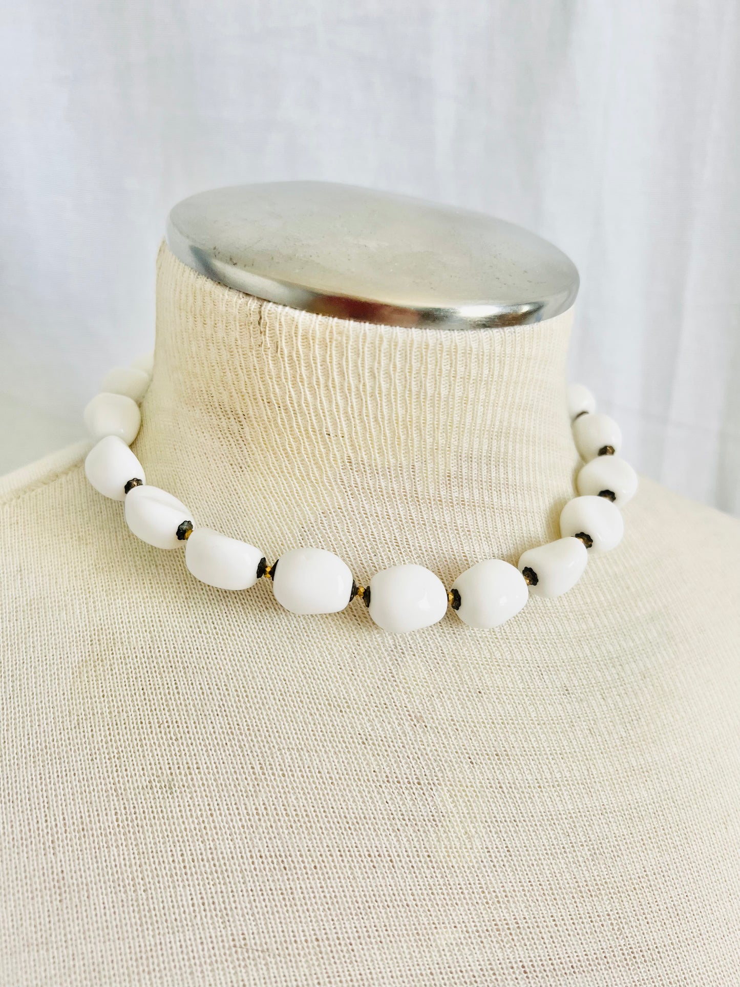 Signed Miriam Haskell 1940s Milk Glass Beaded Necklace