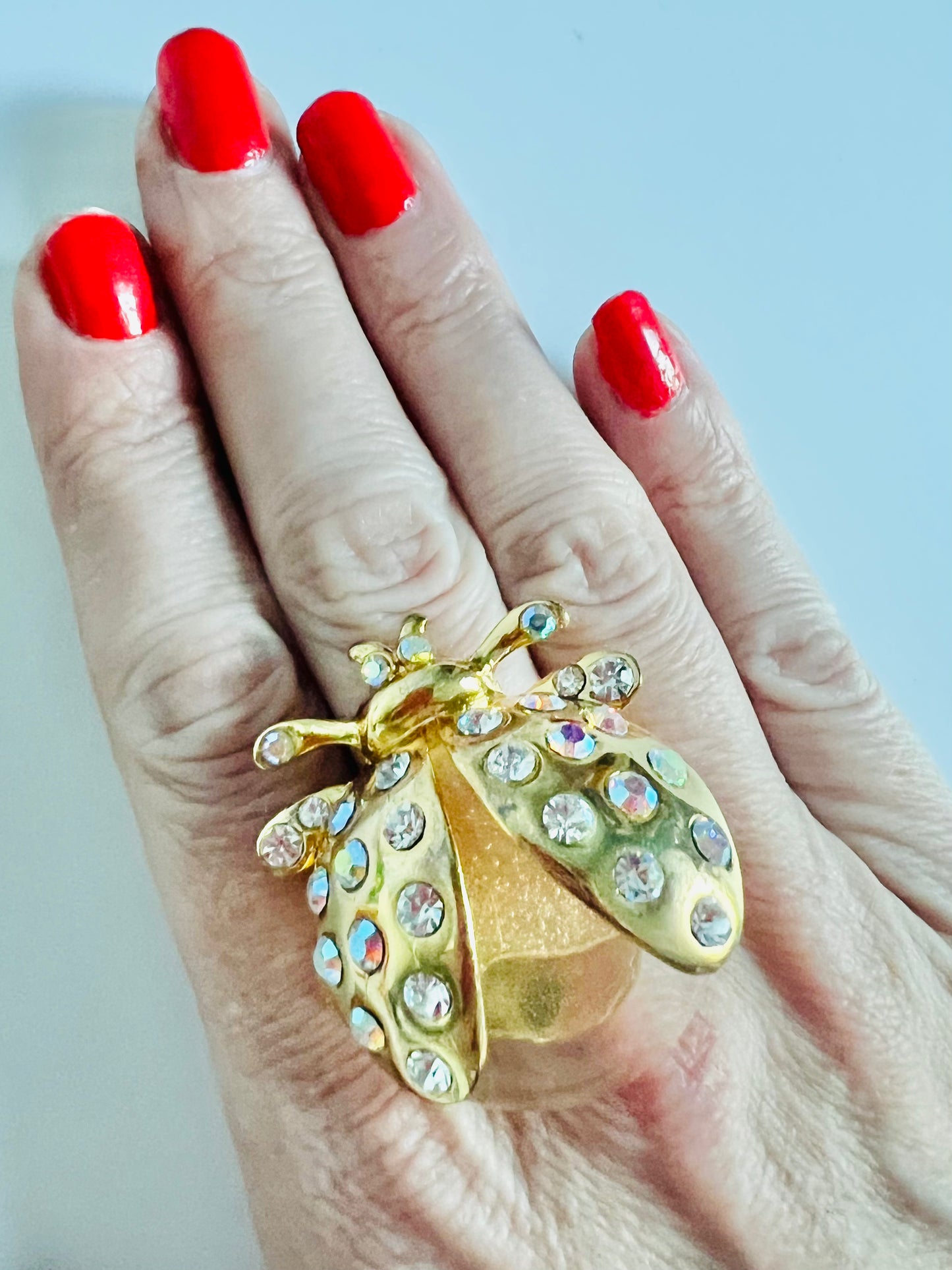 Vintage Lucite Belly Rhinestone Ladybug Adjustable Ring