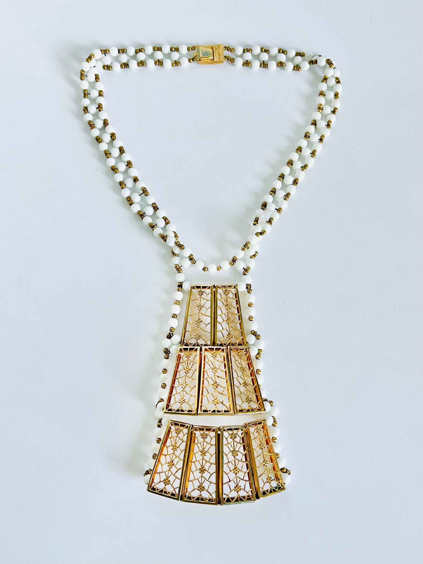 Rare Vintage Castlecliff White Milk Glass and Gold Filigree Statement Necklace