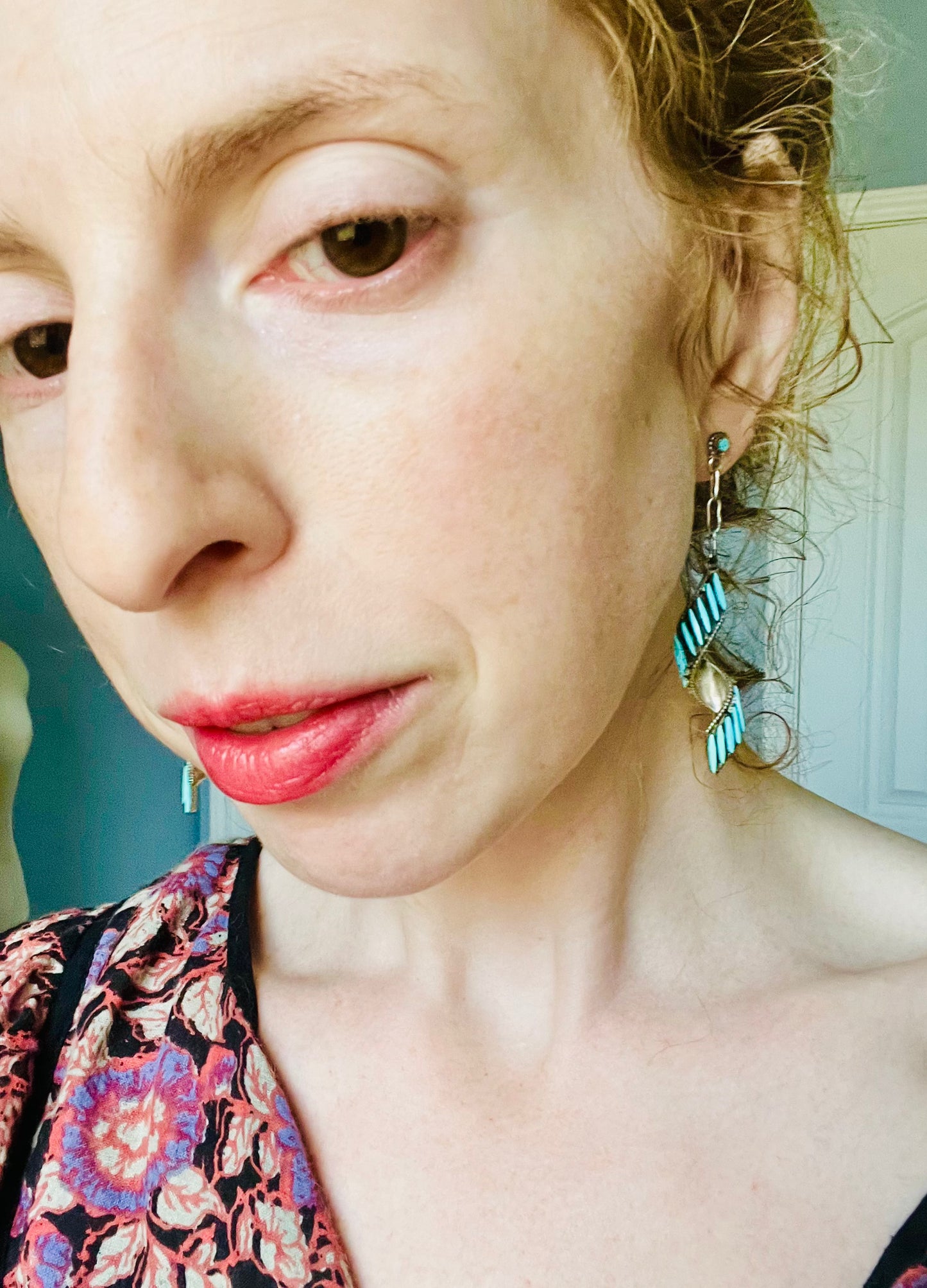 Vintage 1970s Petit Point Zuni Turquoise Sterling Silver Spiral Earrings
