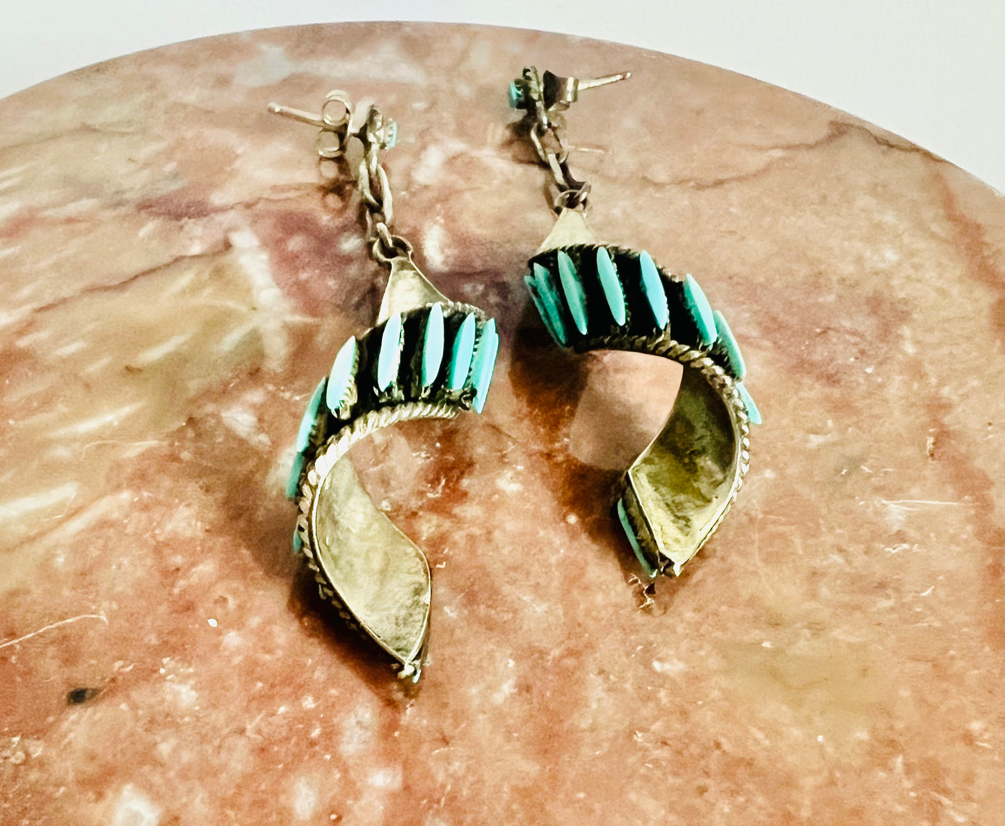 Vintage 1970s Petit Point Zuni Turquoise Sterling Silver Spiral Earrings