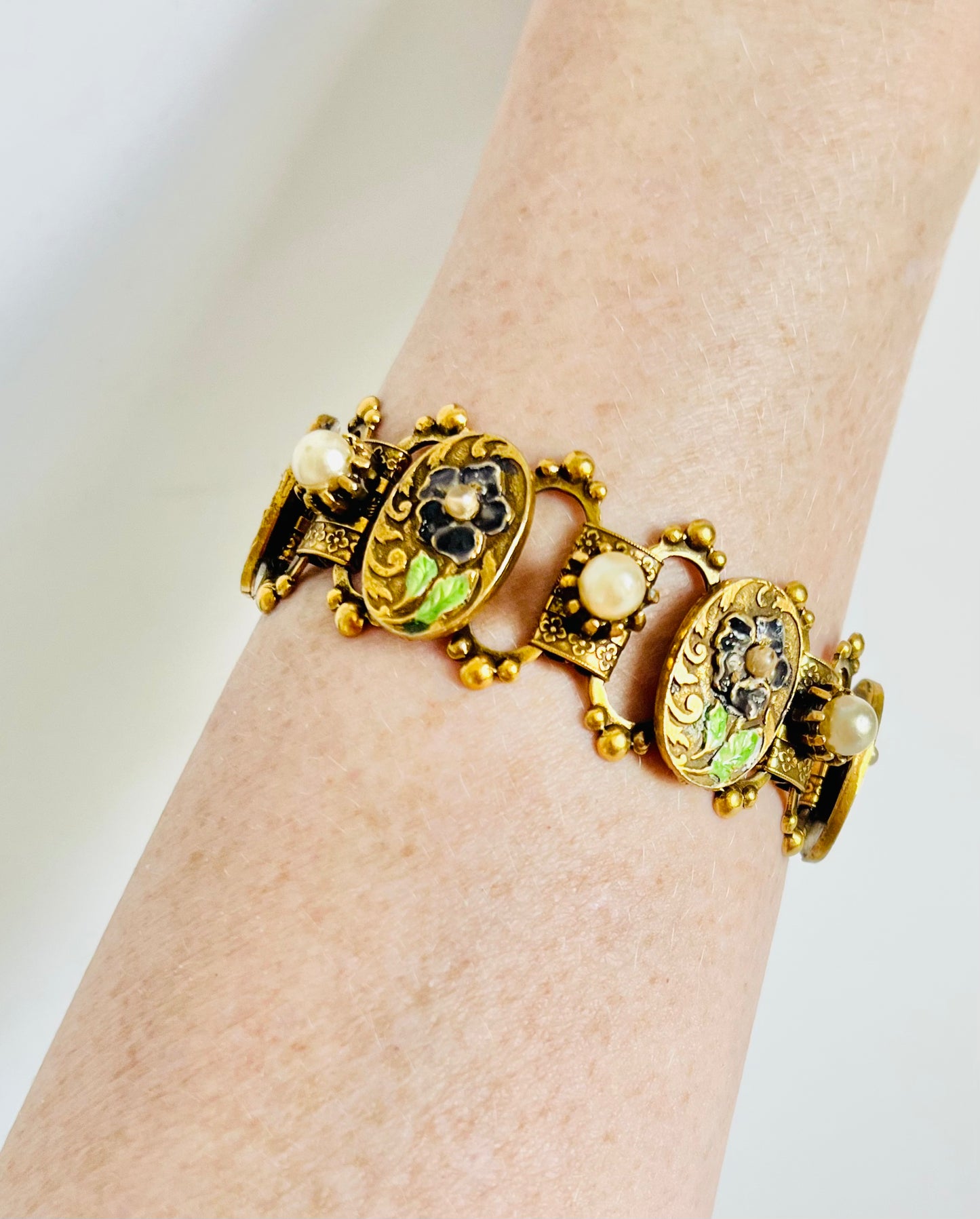 Rare Vintage Purple Enamel Flower Book Chain Bracelet