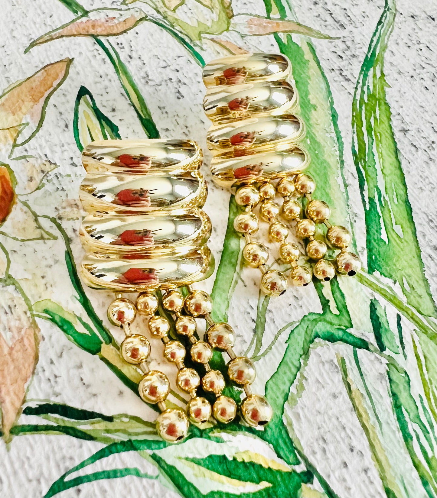 Vintage 1980s Gold Pierced Earrings with Ball Chain