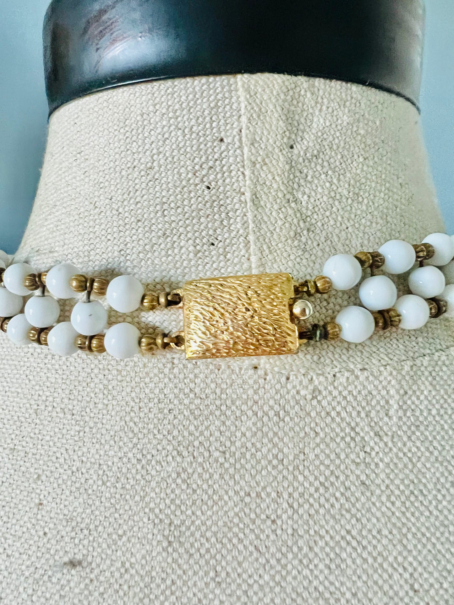 Rare Vintage Castlecliff White Milk Glass and Gold Filigree Statement Necklace