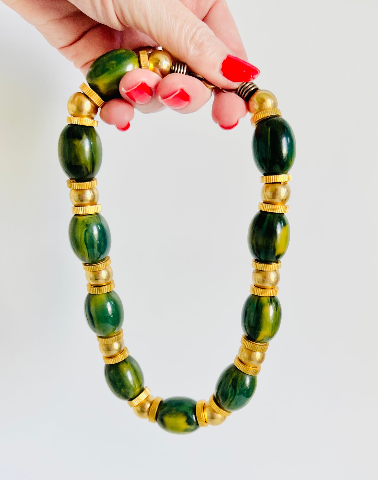 Vintage Green Bakelite Gold Bead Necklace