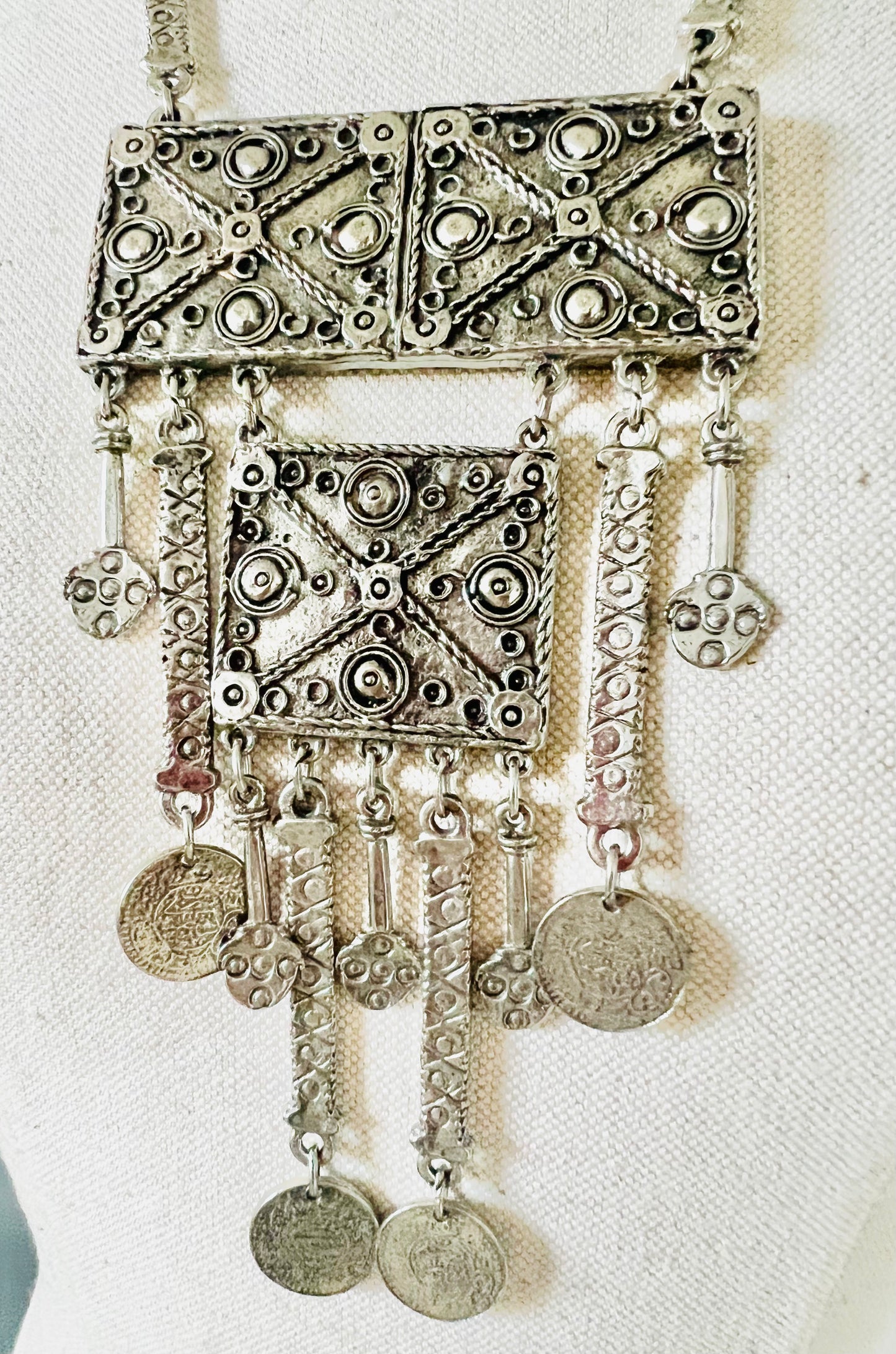Vintage 1970s Etruscan Revival Silver Statement Necklace