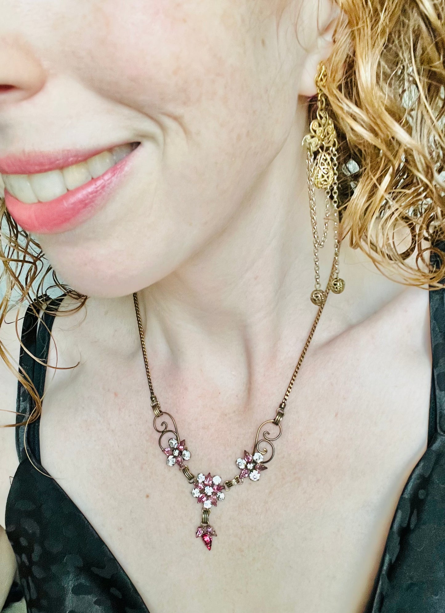 Vintage Star Art Pink Rhinestone Gold Filled Necklace