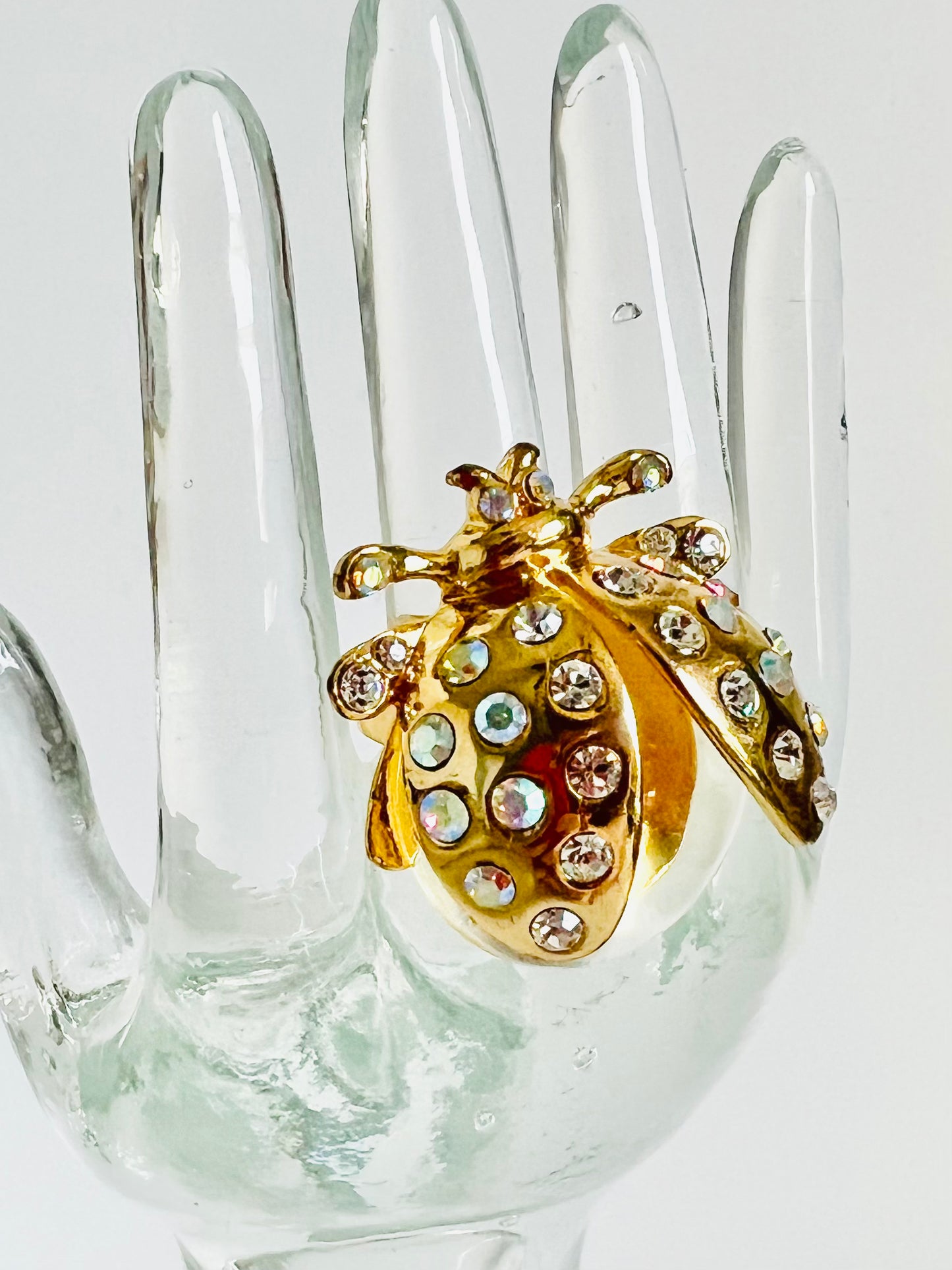 Vintage Lucite Belly Rhinestone Ladybug Adjustable Ring
