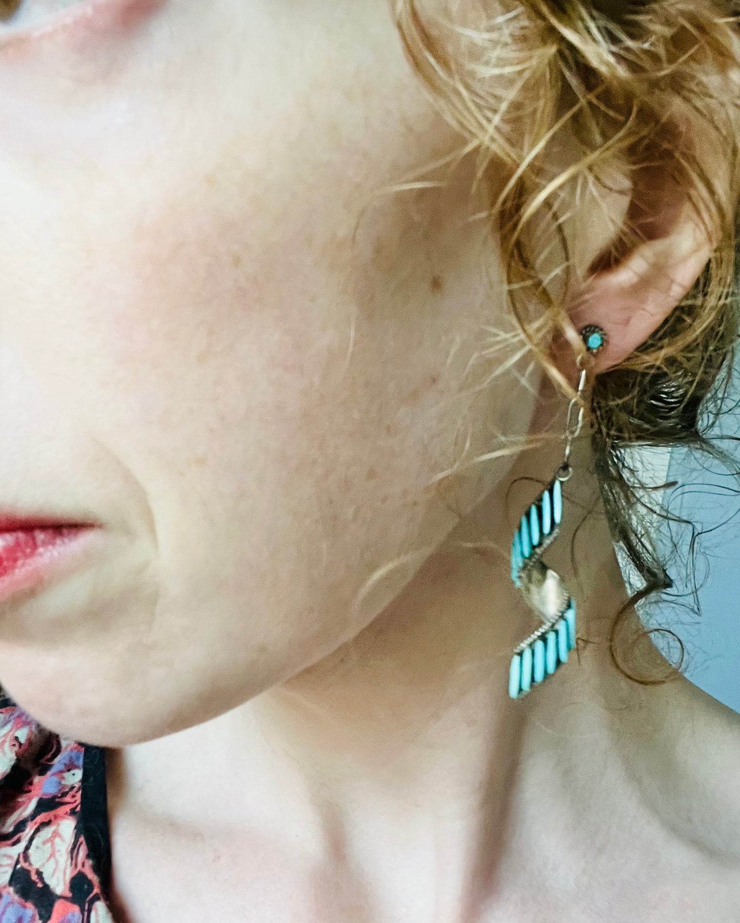 Vintage 1970s Petit Point Zuni Turquoise Sterling Silver Spiral Earrings