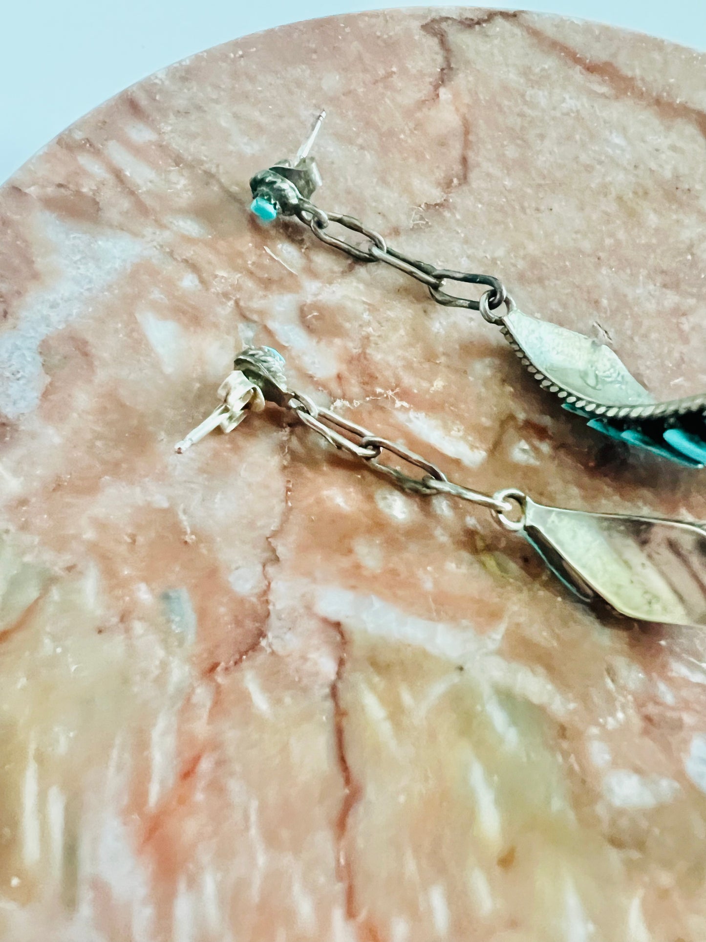 Vintage 1970s Petit Point Zuni Turquoise Sterling Silver Spiral Earrings