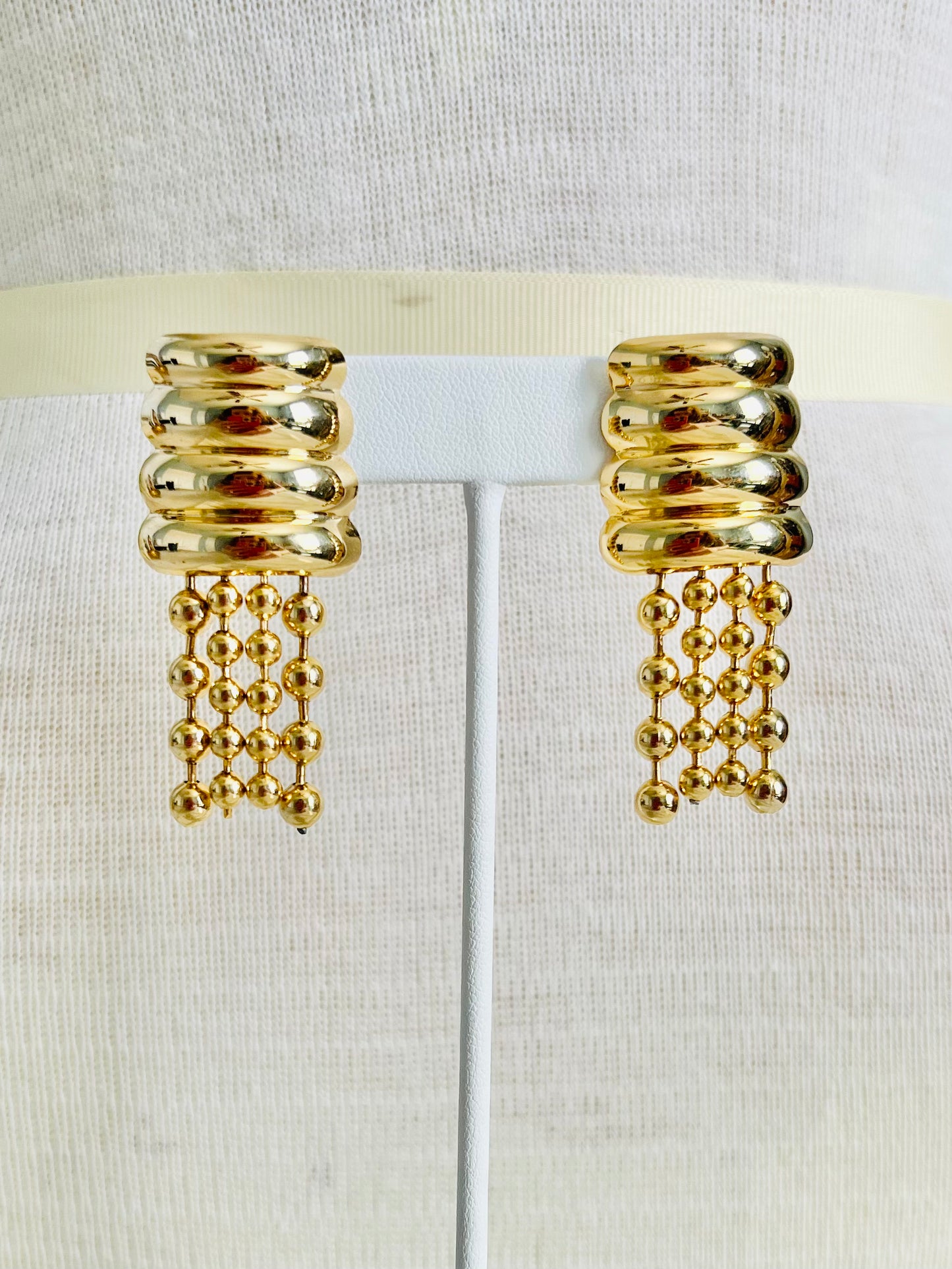 Vintage 1980s Gold Pierced Earrings with Ball Chain