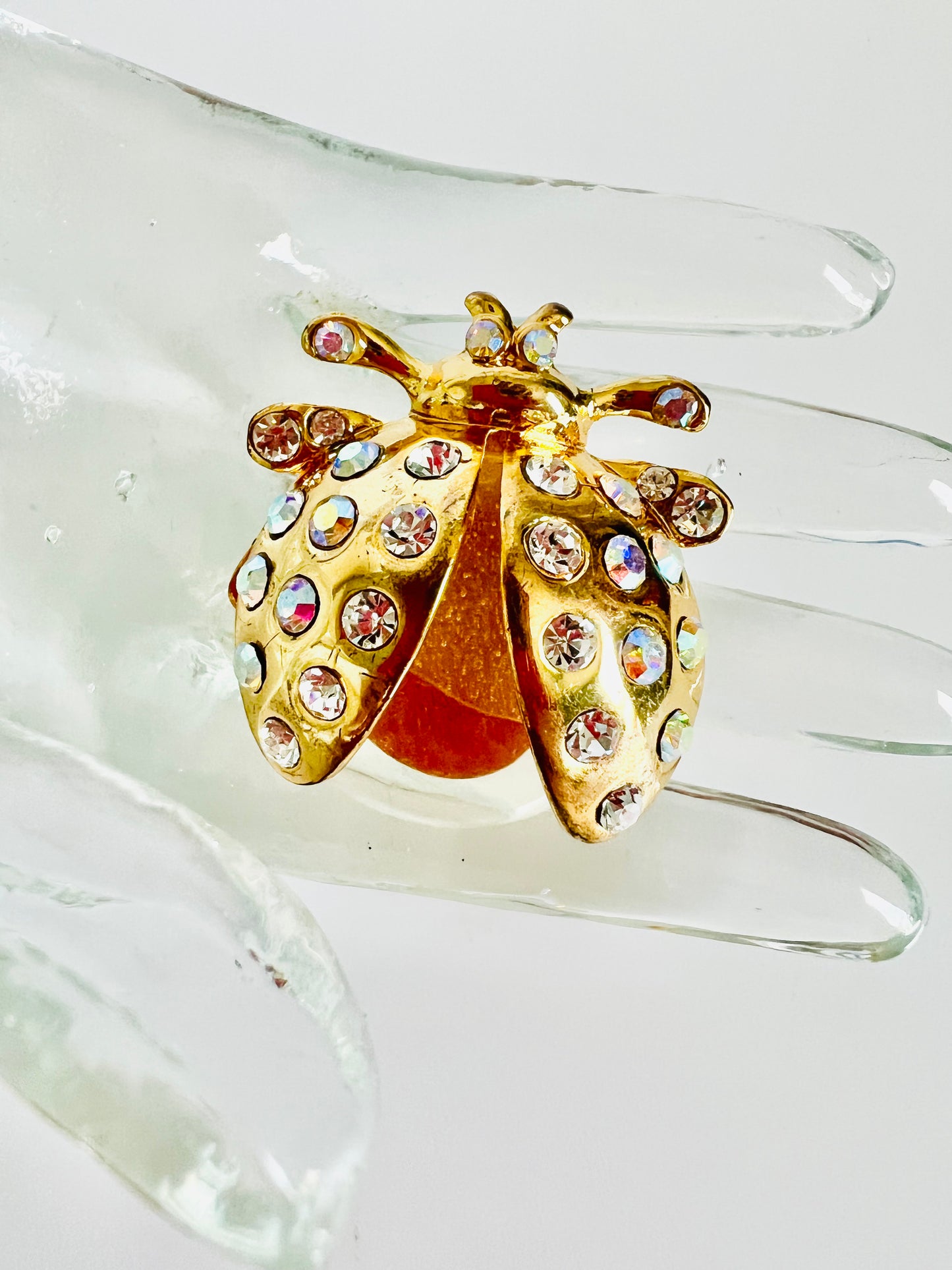 Vintage Lucite Belly Rhinestone Ladybug Adjustable Ring
