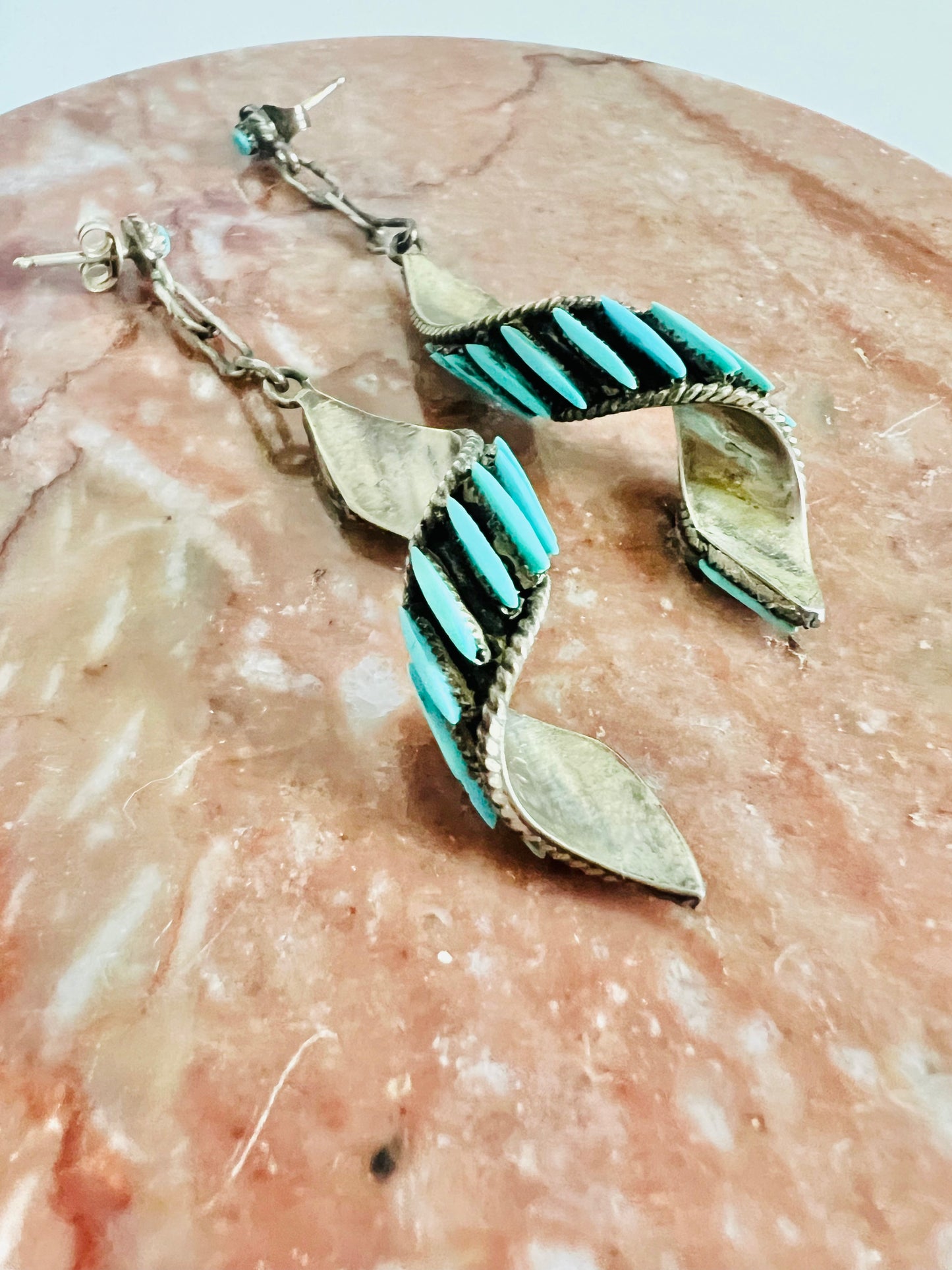 Vintage 1970s Petit Point Zuni Turquoise Sterling Silver Spiral Earrings
