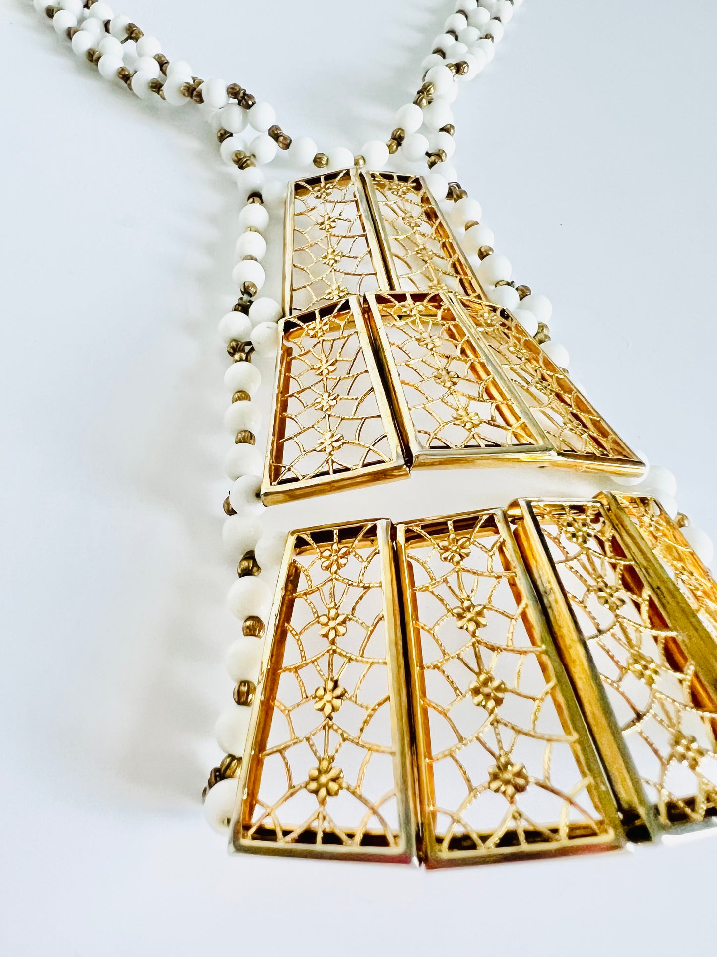 Rare Vintage Castlecliff White Milk Glass and Gold Filigree Statement Necklace