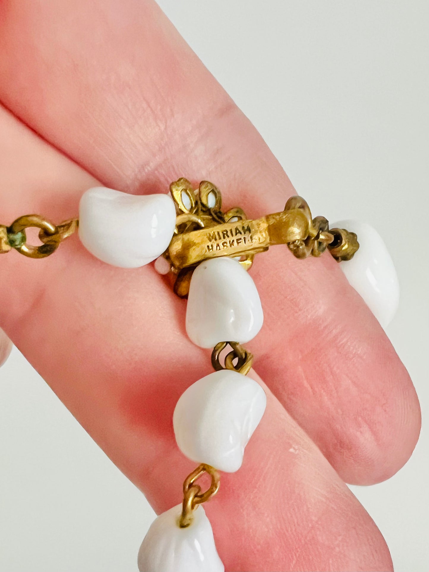 Signed Miriam Haskell 1940s Milk Glass Beaded Necklace